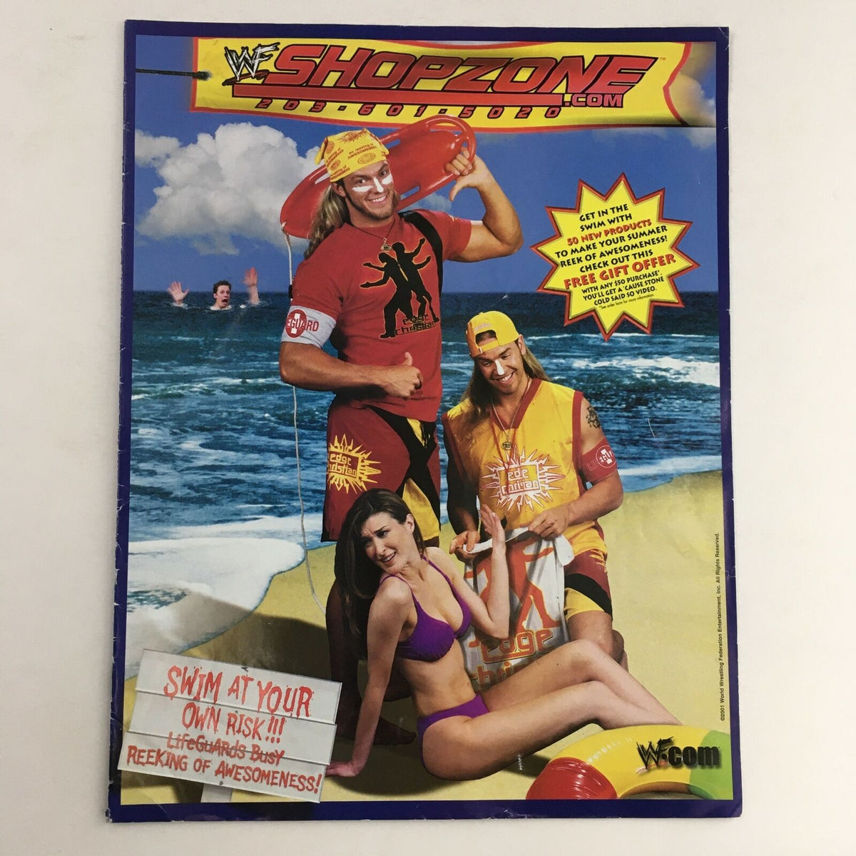 WWE WWF Shop Zone The Rock Wrestling Merchandise Catalog featuring wrestlers on a beach, promoting swim safety and summer merchandise offers.