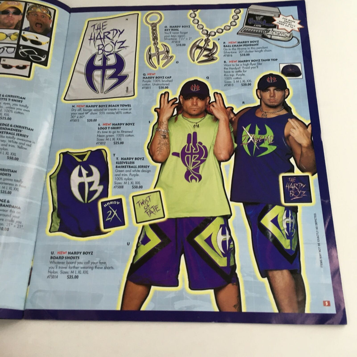 WWE WWF Shop Zone merchandise page displaying The Hardy Boyz gear including caps and towels, alongside images of the wrestlers.