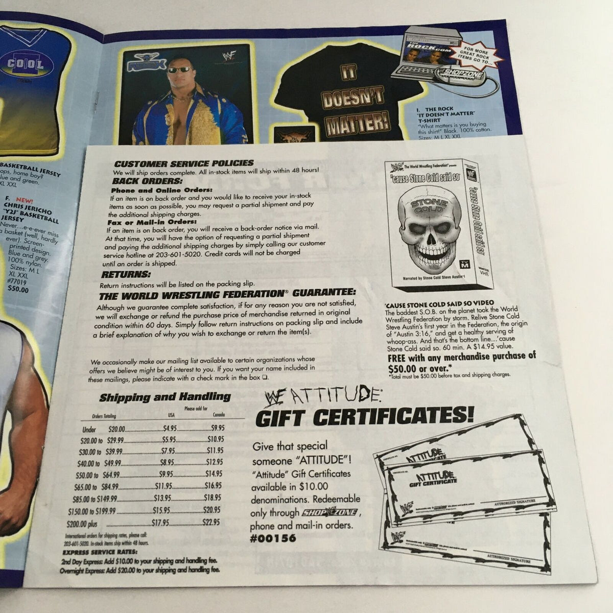 Catalog page from WWE WWF Shop Zone featuring customer service policies, merchandise guarantees, and gift certificate details for wrestling fans.