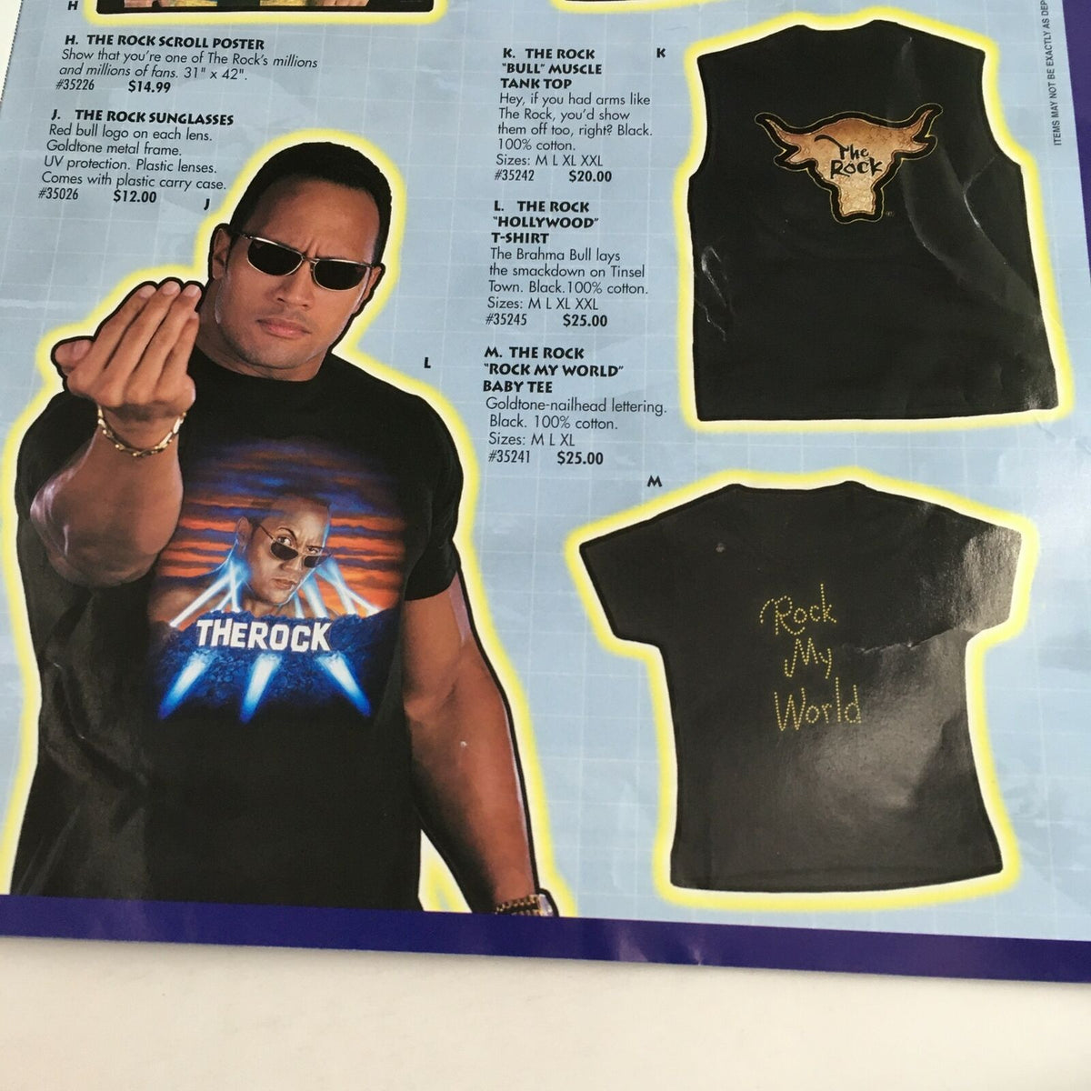 WWE WWF Shop Zone merchandise featuring The Rock's promotional items including shirts and sunglasses, emphasizing his iconic branding.