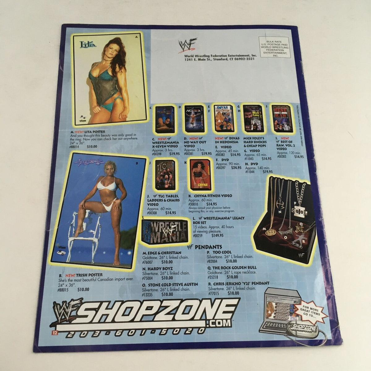 WWE WWF Shop Zone The Rock Wrestling Merchandise Catalog featuring various wrestling merchandise, including posters and jewelry, displayed on a blue background.