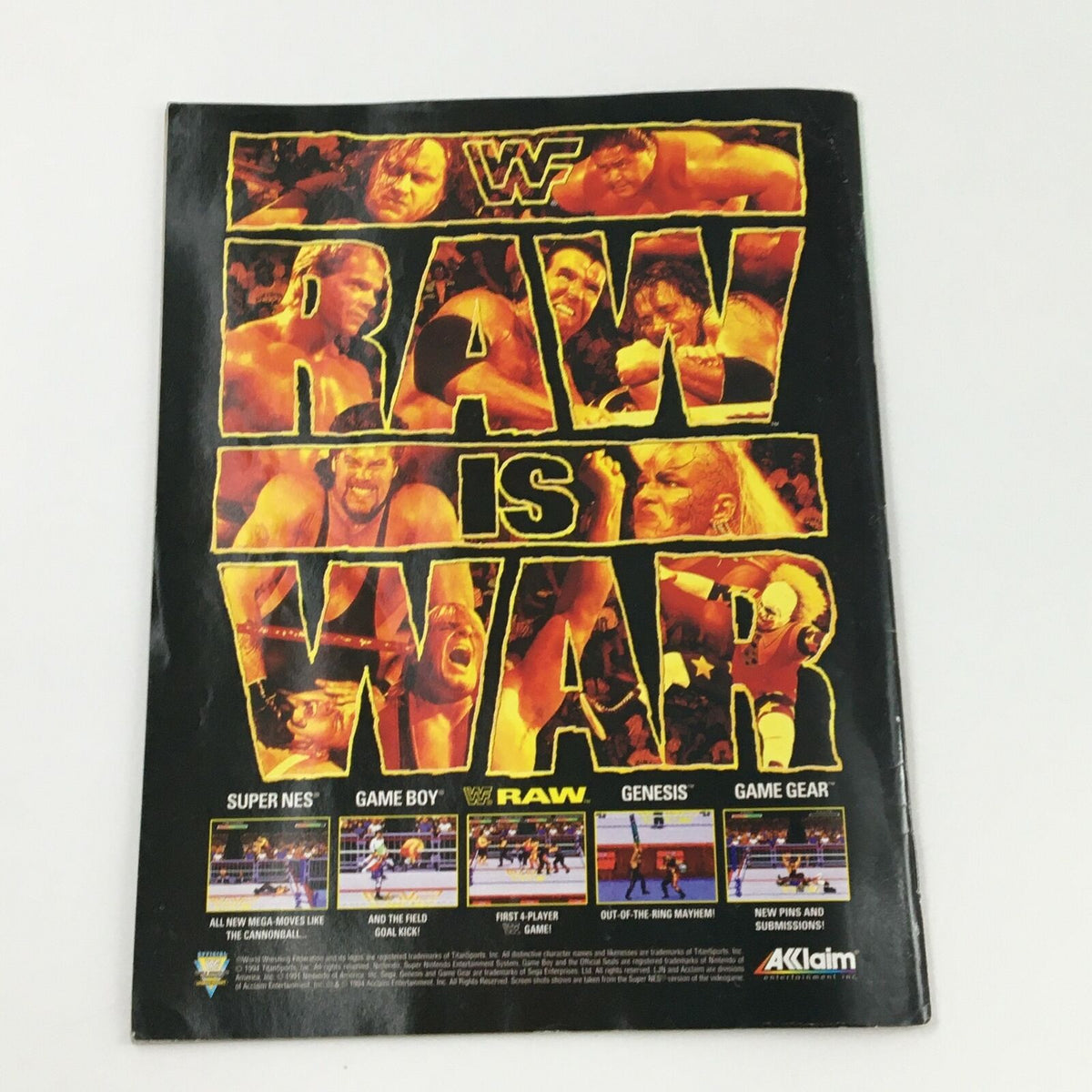WWF Magazine February 1995 displaying the back cover with 'RAW IS WAR' and various gaming promotions from the era.