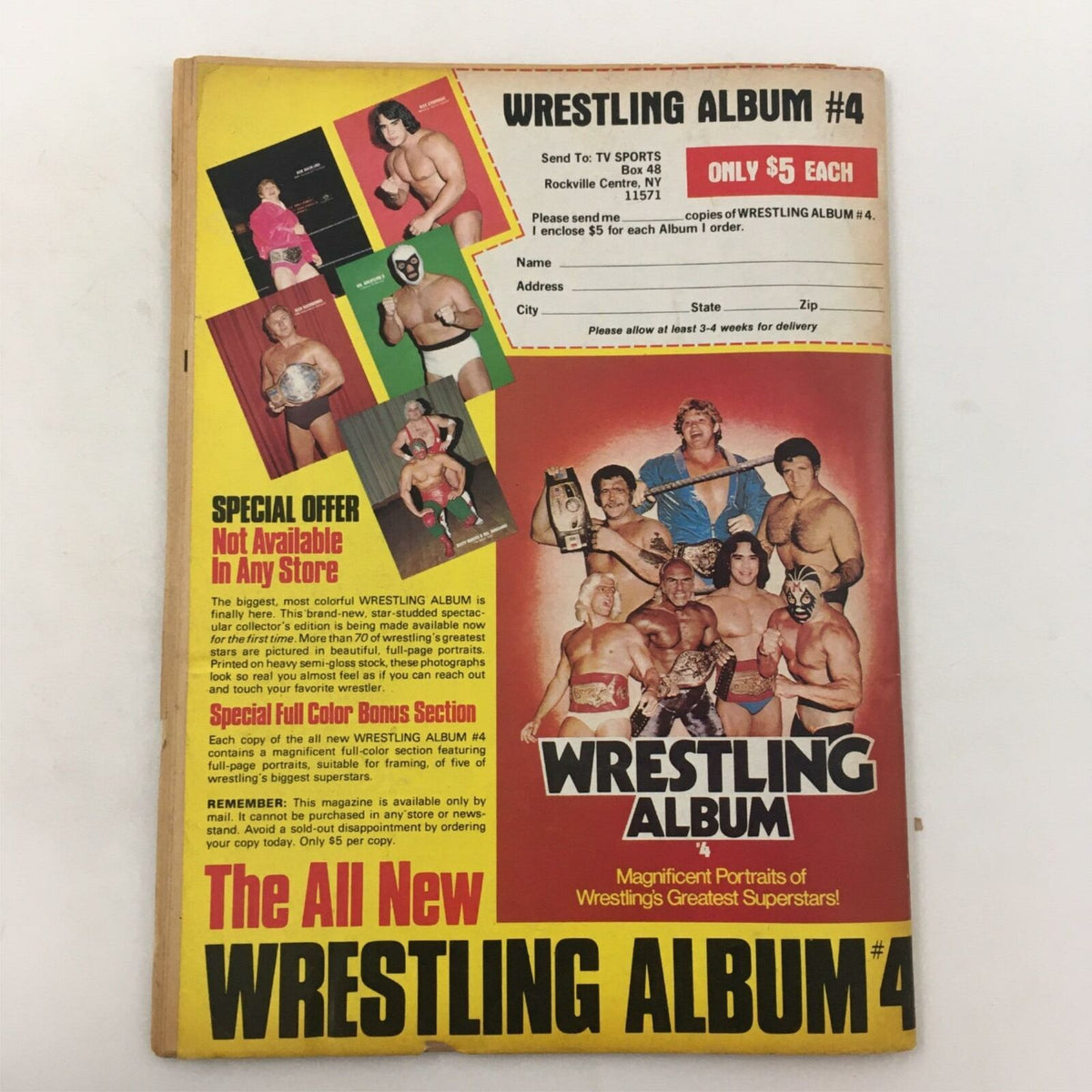 Back cover of Inside Wrestling Magazine April 1982 promoting Wrestling Album #4 with photos of wrestling superstars.