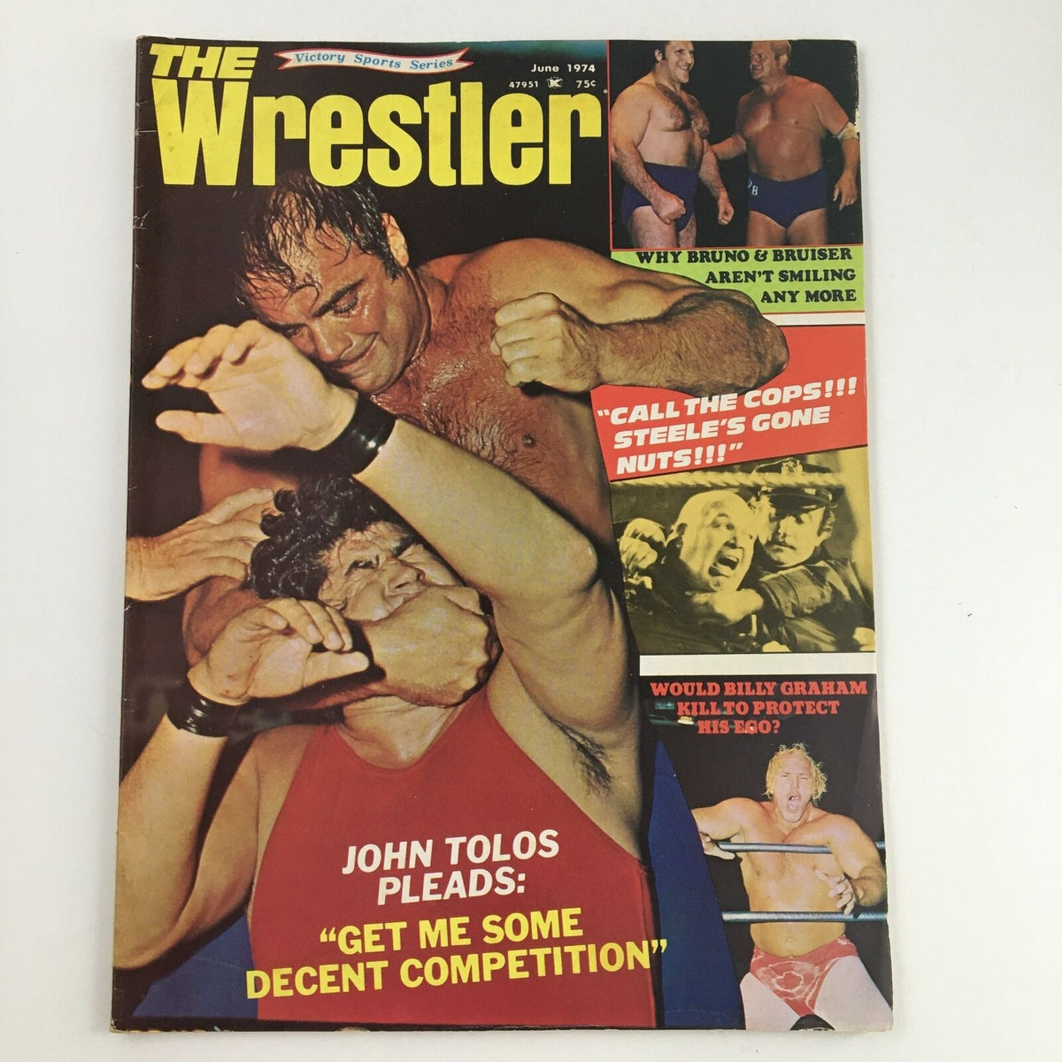 Cover of The Wrestler Magazine June 1974 featuring John Tolos, Buddy Colts, and Billy Graham, showcasing a wrestling match with bold headlines about wrestling controversies.