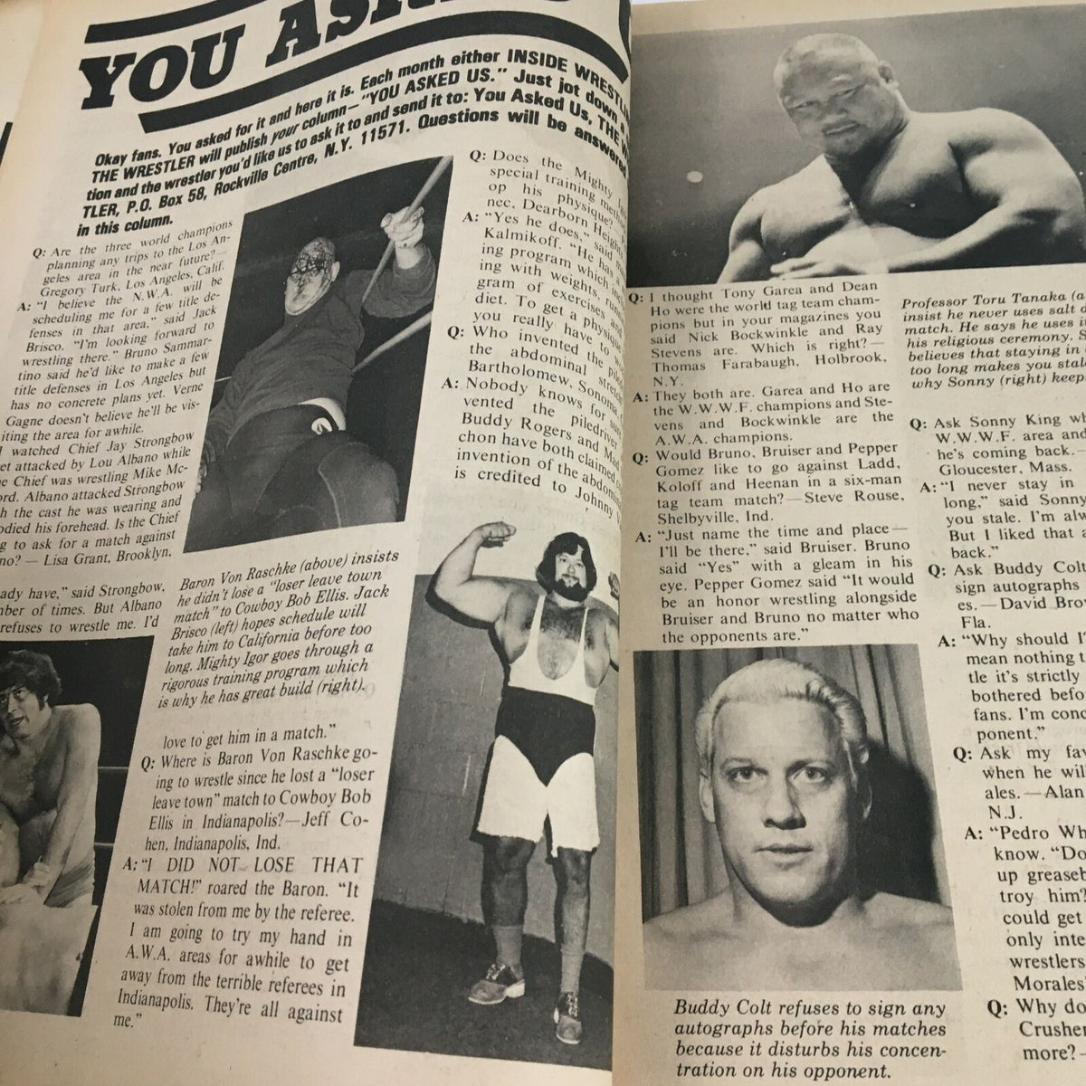 Another interior page from The Wrestler Magazine June 1974 featuring the Q&A section with wrestling legends, emphasizing the magazine's role in wrestling history.