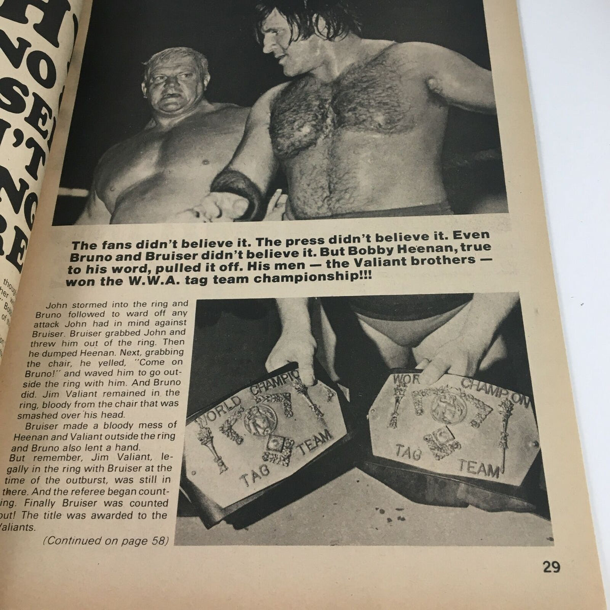 Interior page from The Wrestler Magazine June 1974 depicting a wrestling match featuring the Valiant brothers celebrating their W.W.A. tag team championship victory.