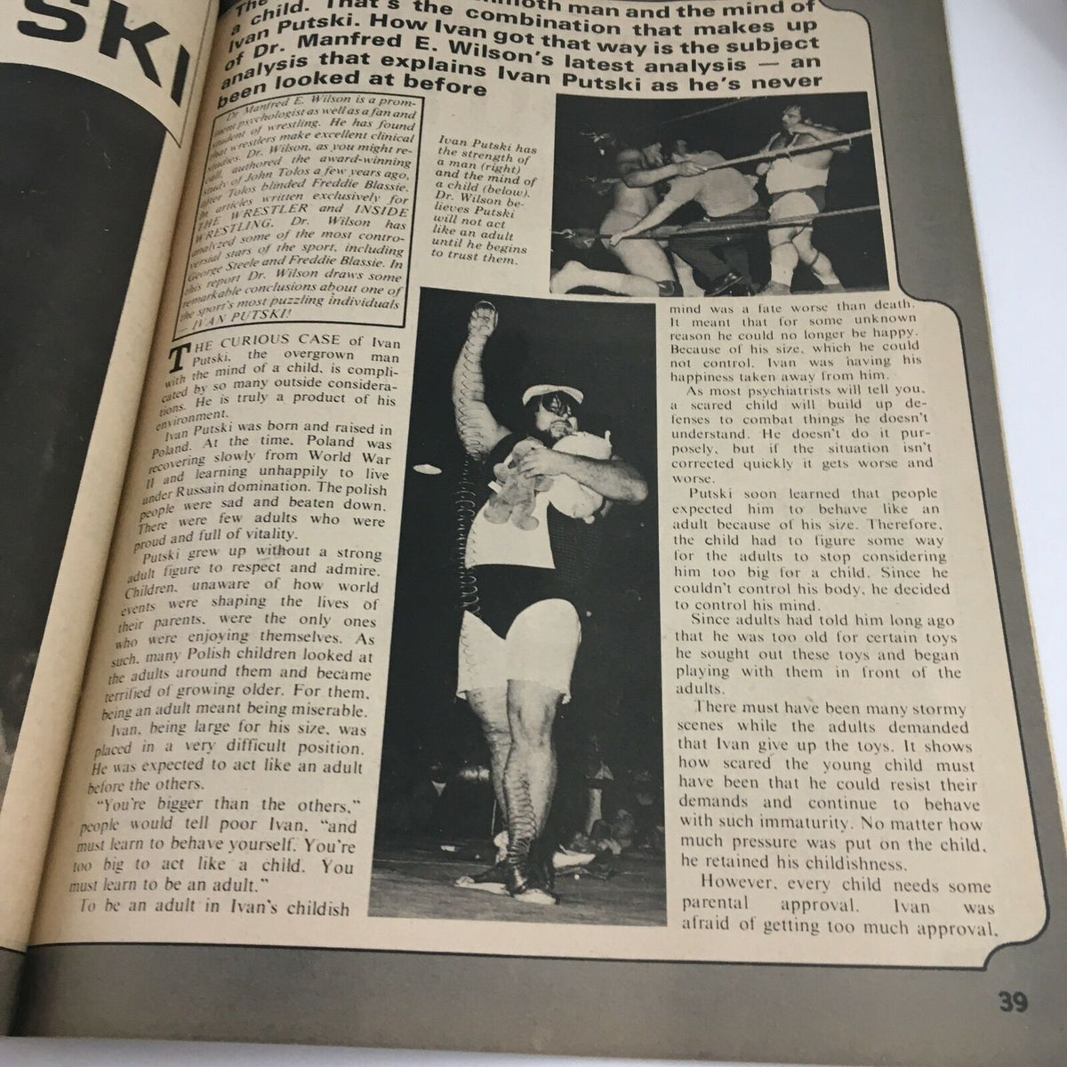 Interior page from The Wrestler Magazine June 1974 highlighting Ivan Putski with images discussing his unique character and wrestling career.