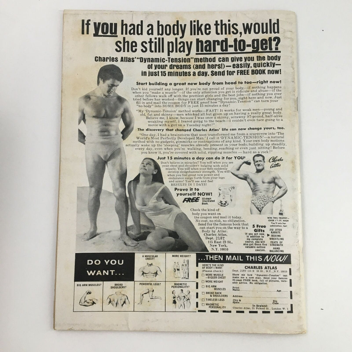 Back cover of The Wrestler Magazine June 1974 featuring an advertisement for Charles Atlas's fitness program to build muscle and gain confidence.
