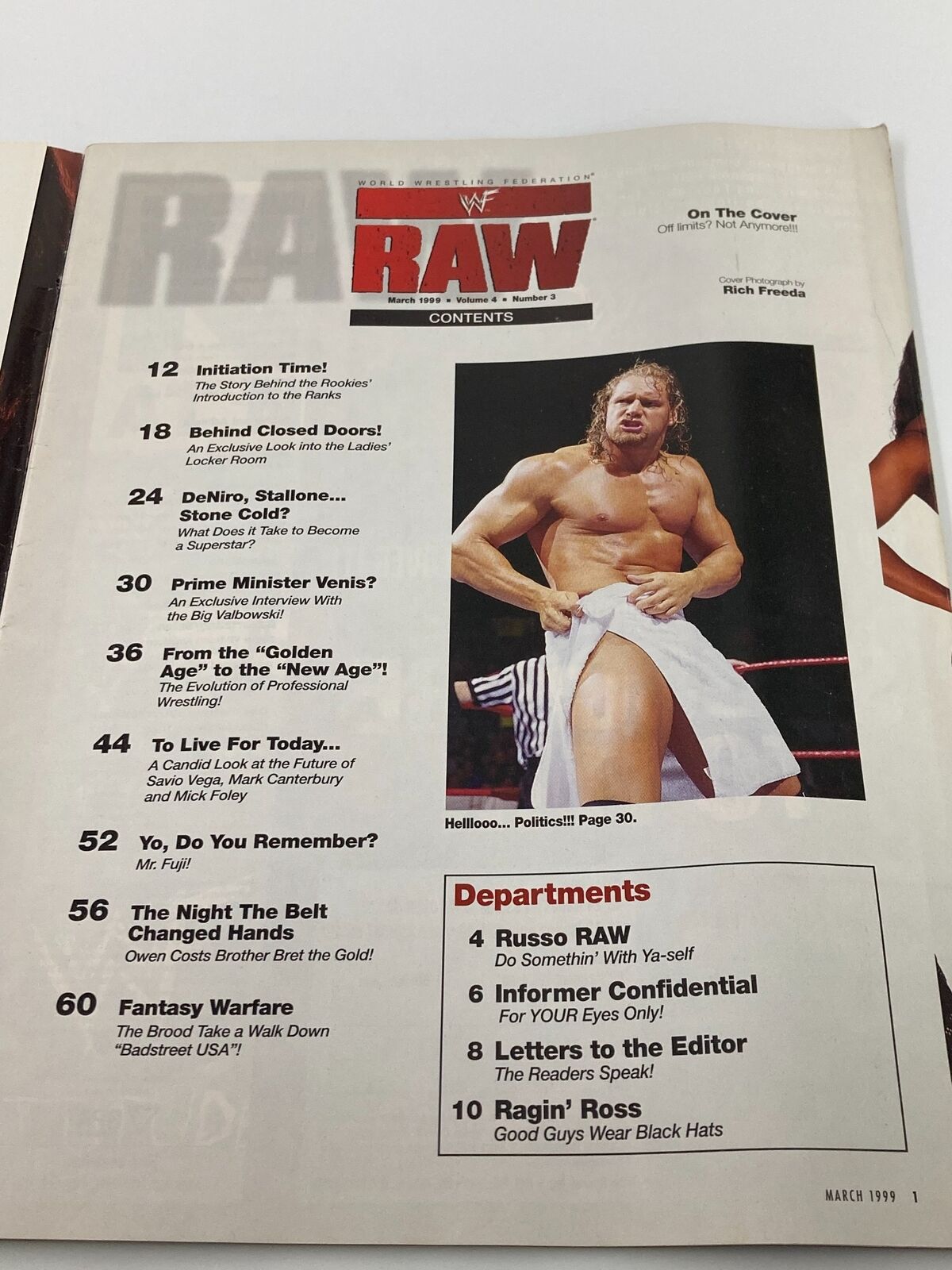 WWF Raw Magazine March 1999 cover featuring contents including 'Initiation Time!', 'Behind Closed Doors!', and key articles about wrestling personalities, showcasing vintage wrestling culture.