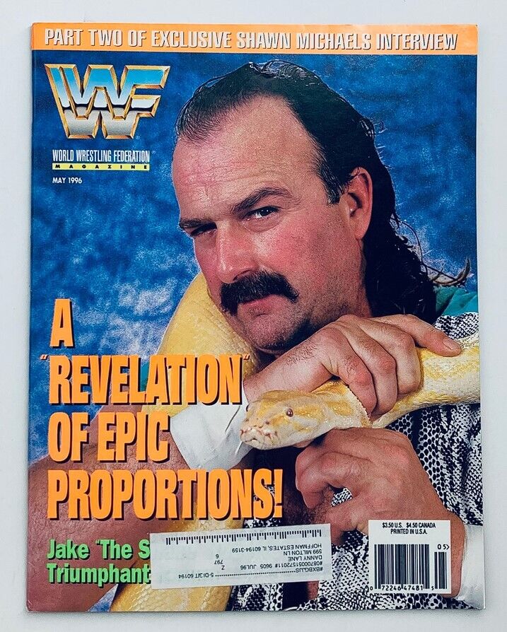 WWF World Wrestling Federation Magazine May 1996 cover featuring Jake The Snake Roberts, showcasing him with a snake, highlighting the phrase 'A Revelation of Epic Proportions!'
