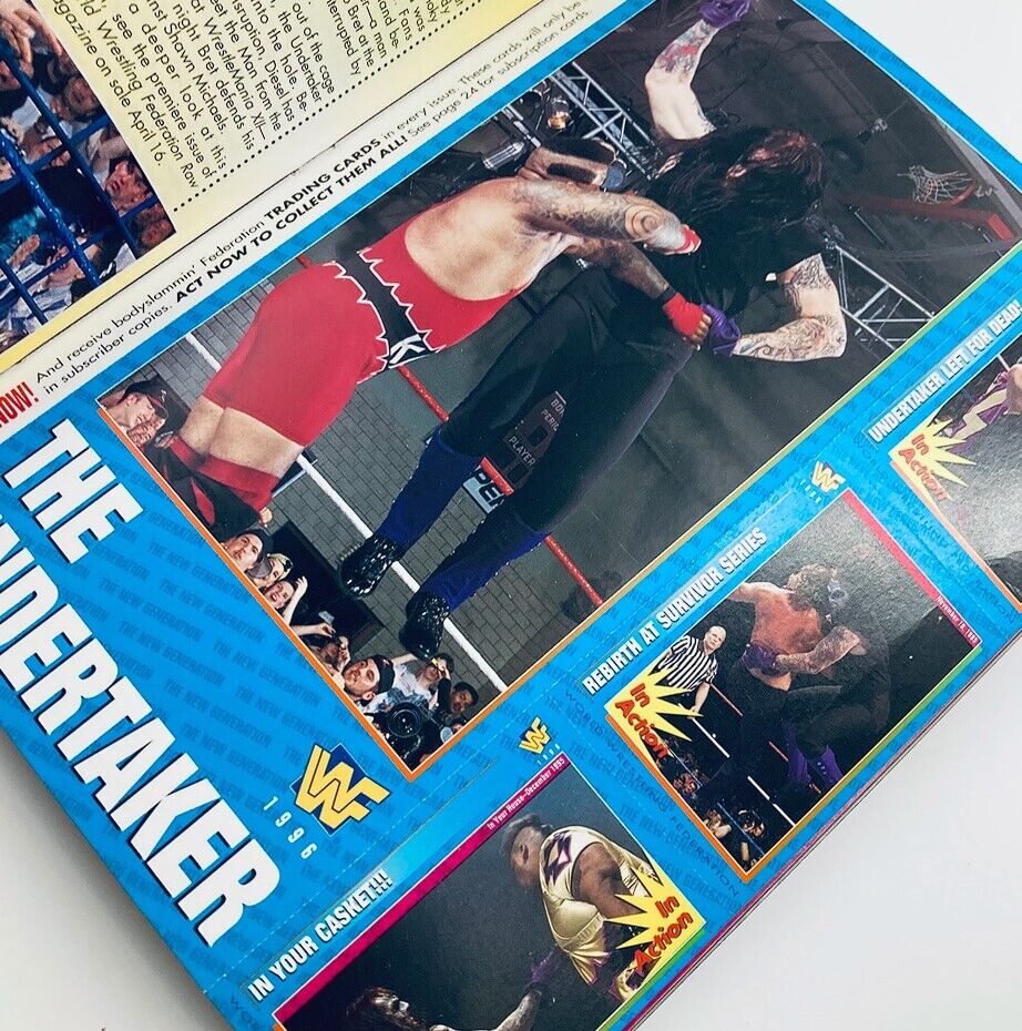 Inside page of WWF World Wrestling Federation Magazine May 1996 showing action shots of The Undertaker in a wrestling match, related to the wrestling events of the era.