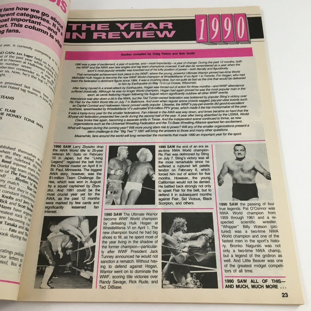 Page from Pro Wrestling Illustrated March 1991 highlighting the year in review with notable wrestling moments and images of significant personalities like Larry Zbyszko and Ric Flair.