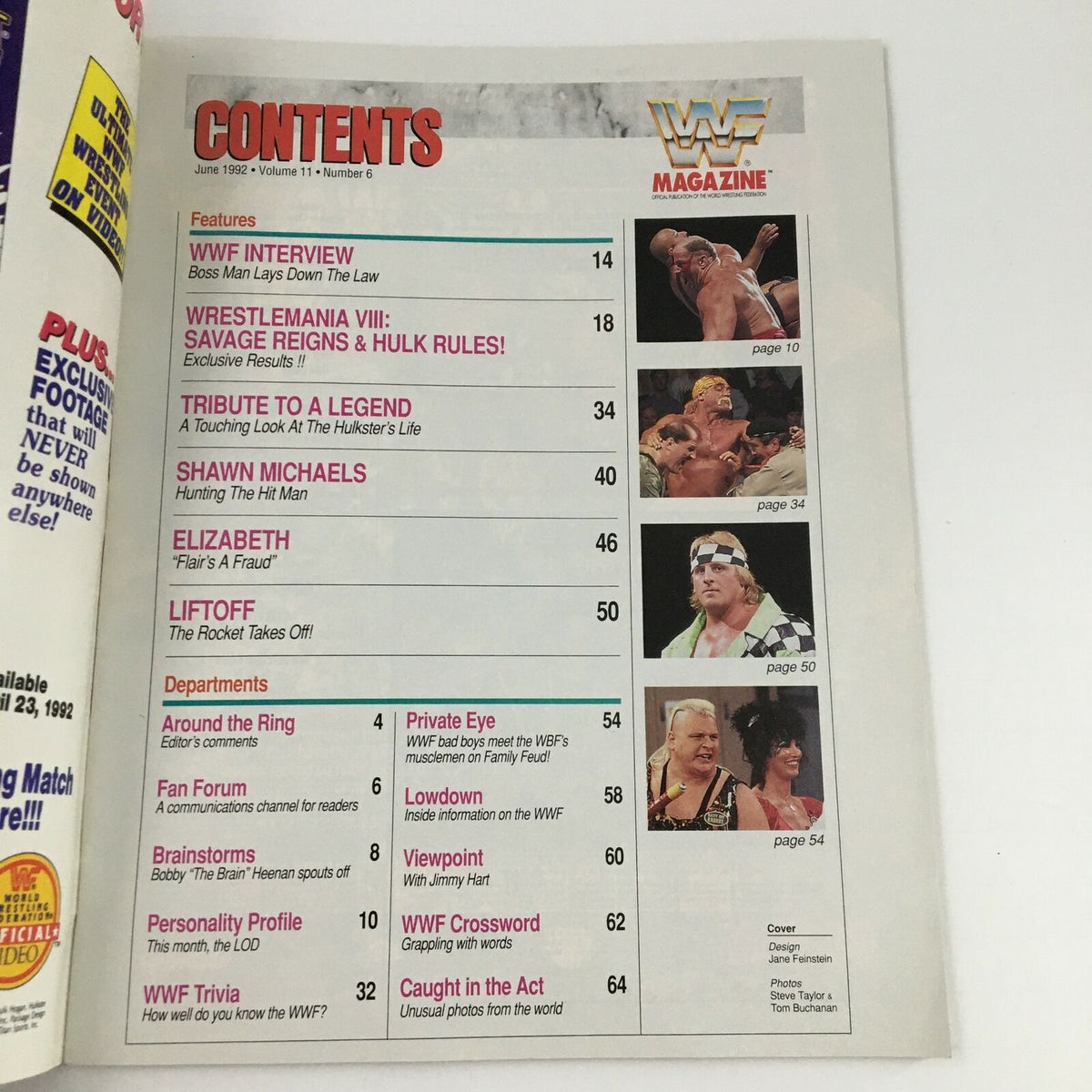 Contents page of WWF Magazine June 1992 listing features and articles, including a tribute to Hulk Hogan and other wrestling legends.