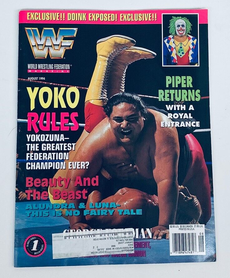 WWF World Wrestling Federation Magazine August 1994 featuring Yokozuna and Roddy Piper on the cover, showcasing wrestling highlights, iconic characters, and vintage magazine appeal.
