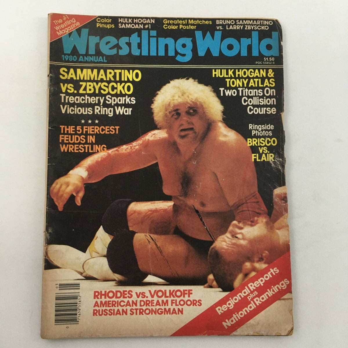 Cover of Wrestling World Magazine 1980 featuring Hulk Hogan and Tony Atlas on collision course, showcasing dramatic wrestling scenes and highlighting iconic feuds.