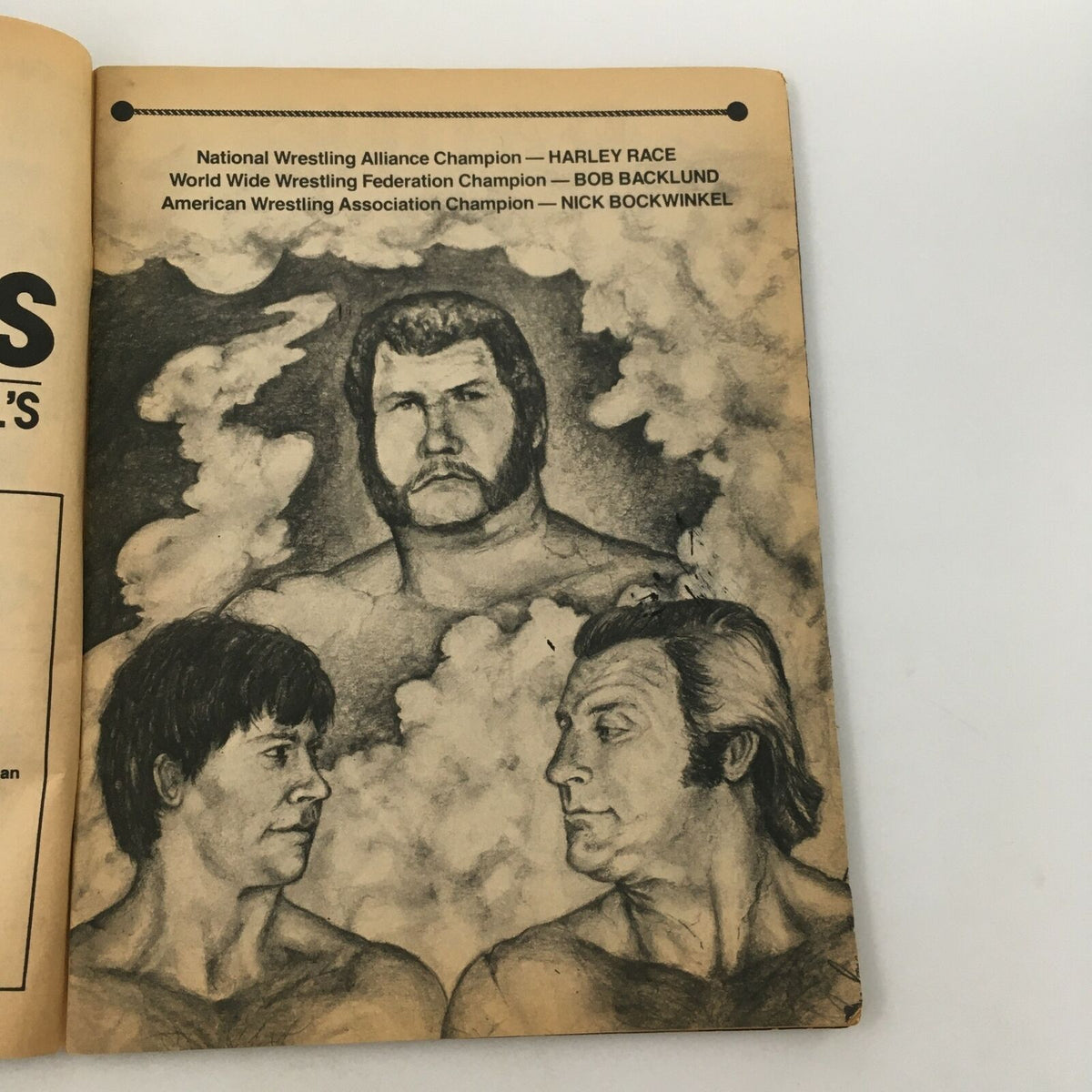 Illustration from Wrestling World Magazine 1980 depicting wrestlers, emphasizing championship titles and rivalries, representing the wrestling culture of the time.