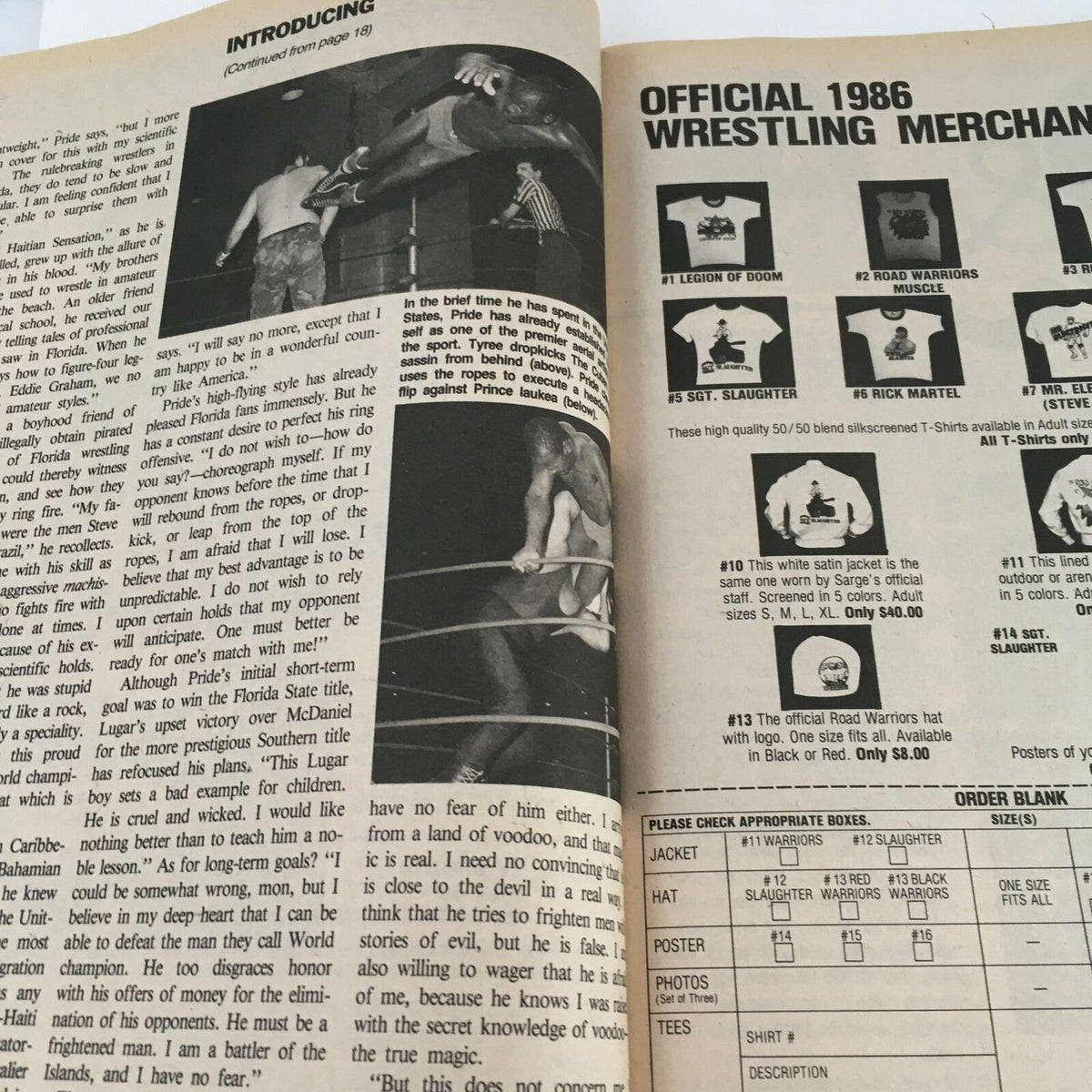 Inside page of The Wrestler Magazine April 1986 showing wrestling articles and merchandise listings, with images of wrestlers in action.