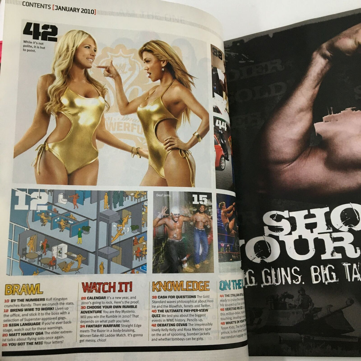 WWE Magazine January 2010 contents page showcasing features like Brawl, Watch It, and the WWE Magazine Awards, with images of wrestlers and engaging content related to the wrestling community.