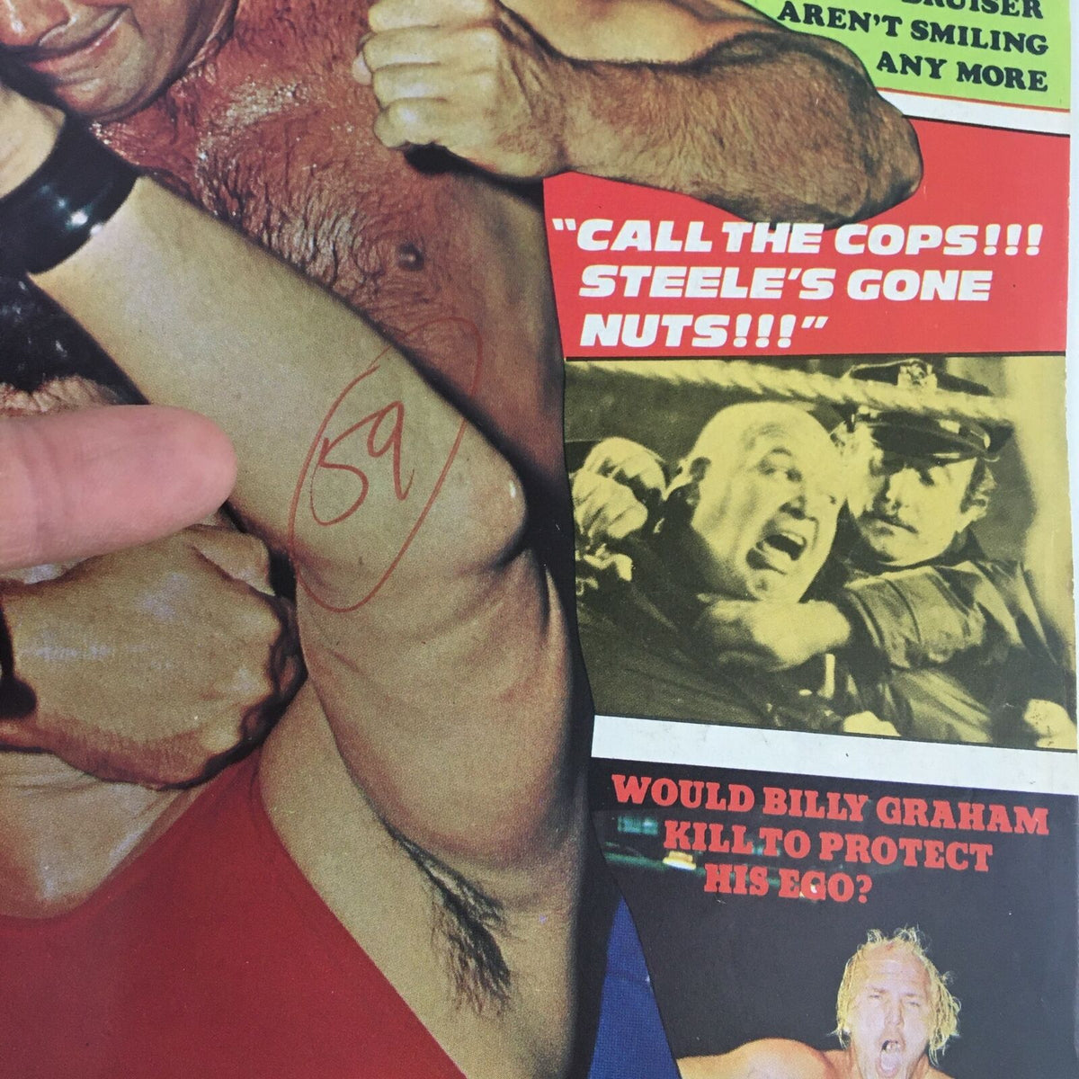 Close-up of The Wrestler Magazine June 1974 cover highlighting John Tolos in action, with text boxes discussing wrestling drama and featured wrestlers.