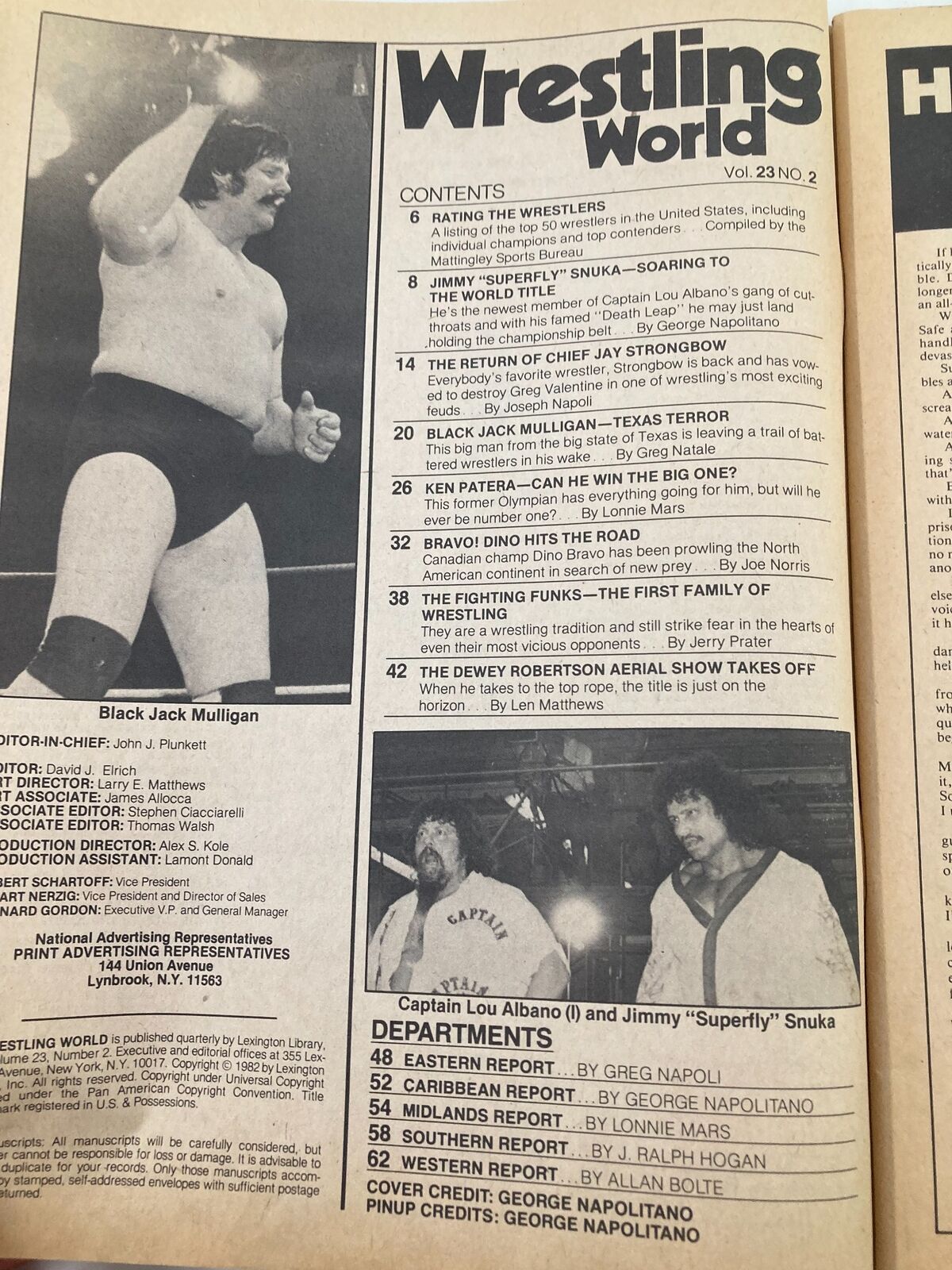 Content page from VTG Wrestling World Magazine Summer 1982 listing articles including Jimmy Snuka's rise and wrestling ratings.