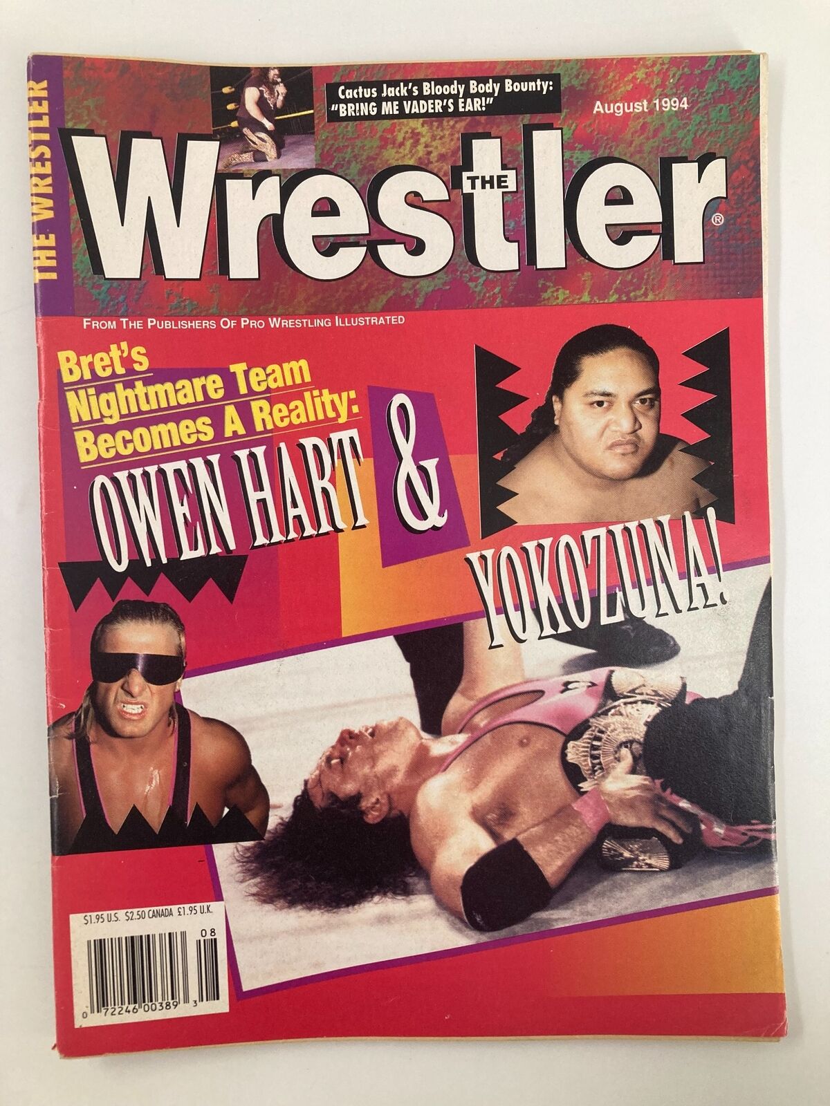 The Wrestler Magazine August 1994 featuring Owen Hart and Yokozuna on the cover, showcasing a vibrant design and wrestling highlights.