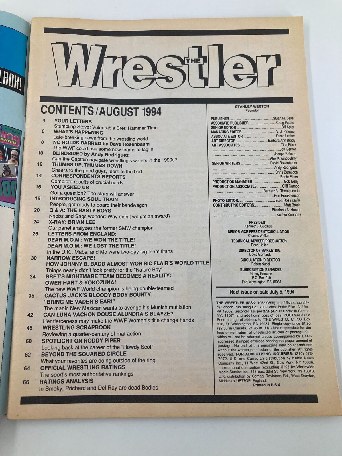 The contents page of The Wrestler Magazine August 1994, listing articles and features related to Owen Hart and Yokozuna in this vintage wrestling issue.