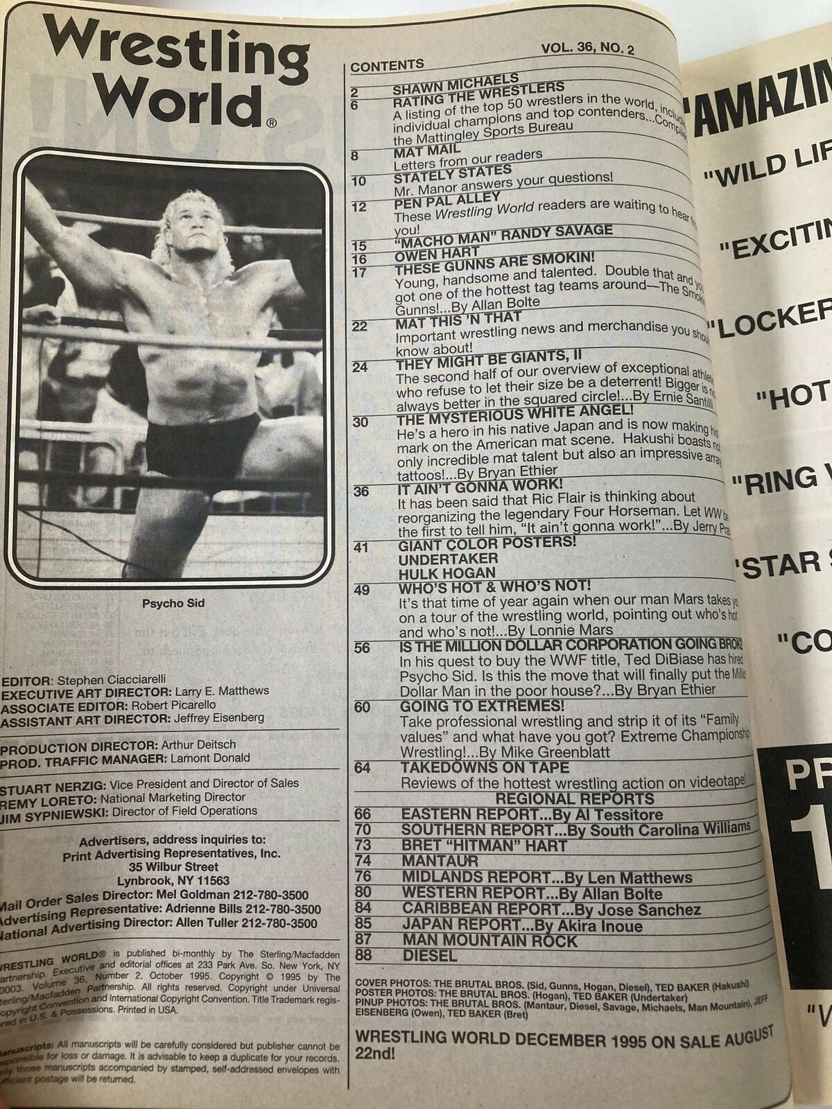 Interior page of Wrestling World Magazine October 1995 displaying the contents page with a photo of Psycho Sid, listing articles and features that highlight wrestling culture and notable superstars.