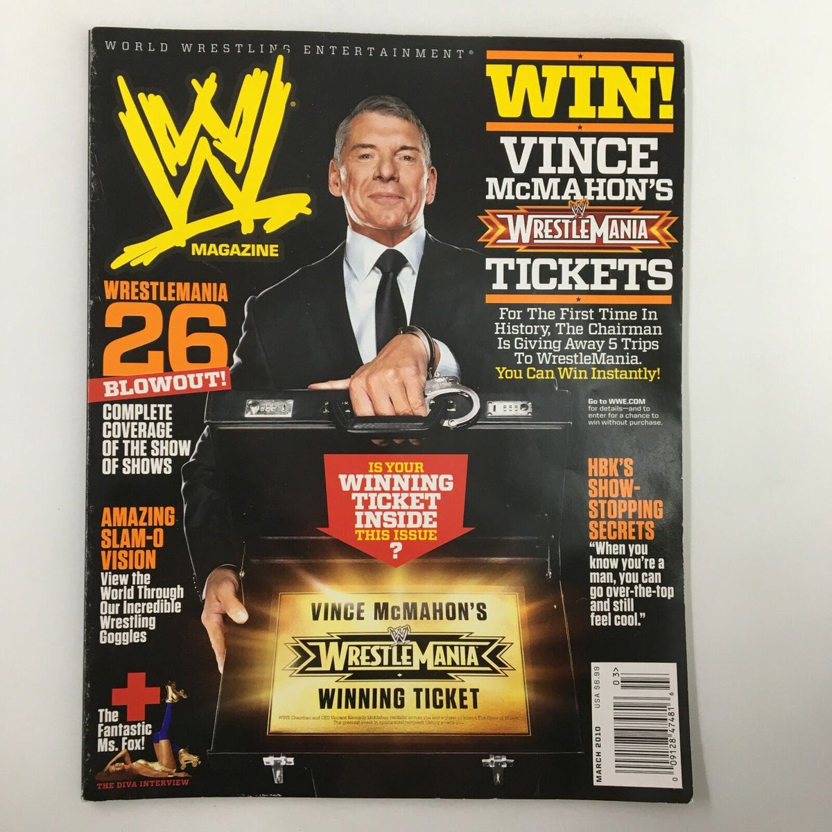 WWE Magazine March 2010 featuring Vince McMahon on the cover, promoting WrestleMania tickets and showcasing the excitement of professional wrestling.