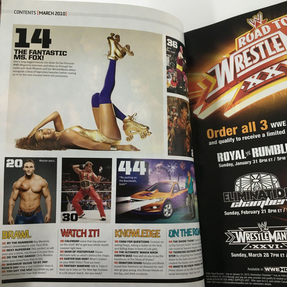 WWE Magazine March 2010 contents page highlighting The Fantastic Ms. Fox, including sections for events and features related to WrestleMania.