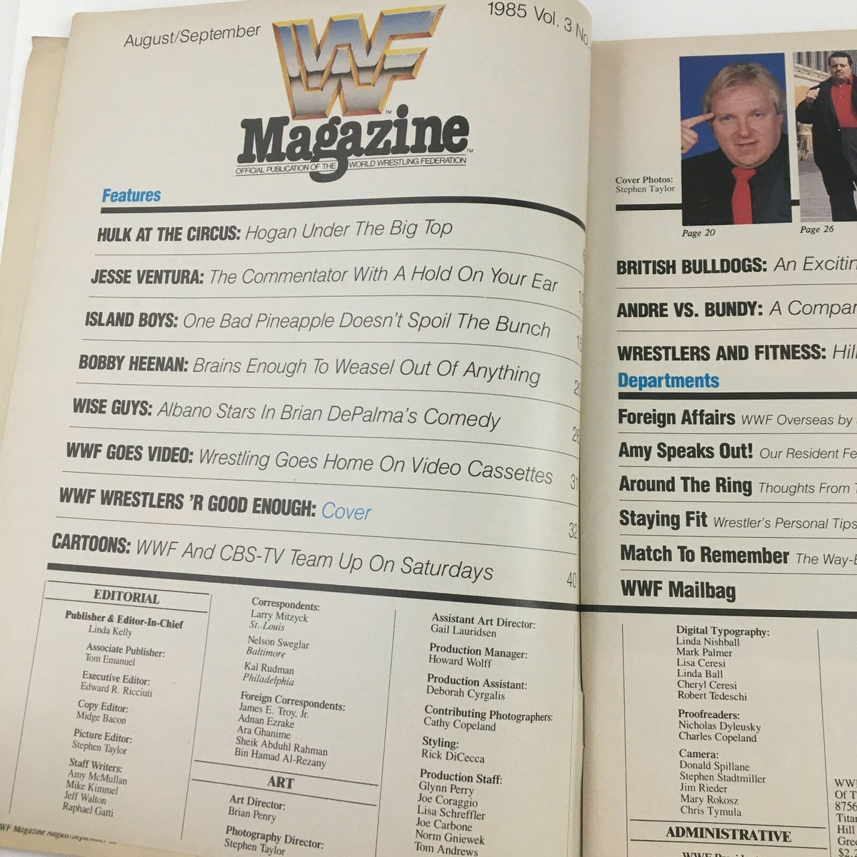 WWF Magazine August 1985, featuring the table of contents including articles on Hulk at the Circus and Jesse Ventura, highlighting wrestling legends Cyndi Lauper, Lou Albano, Jimmy Snuka, and Ricky Steamboat.