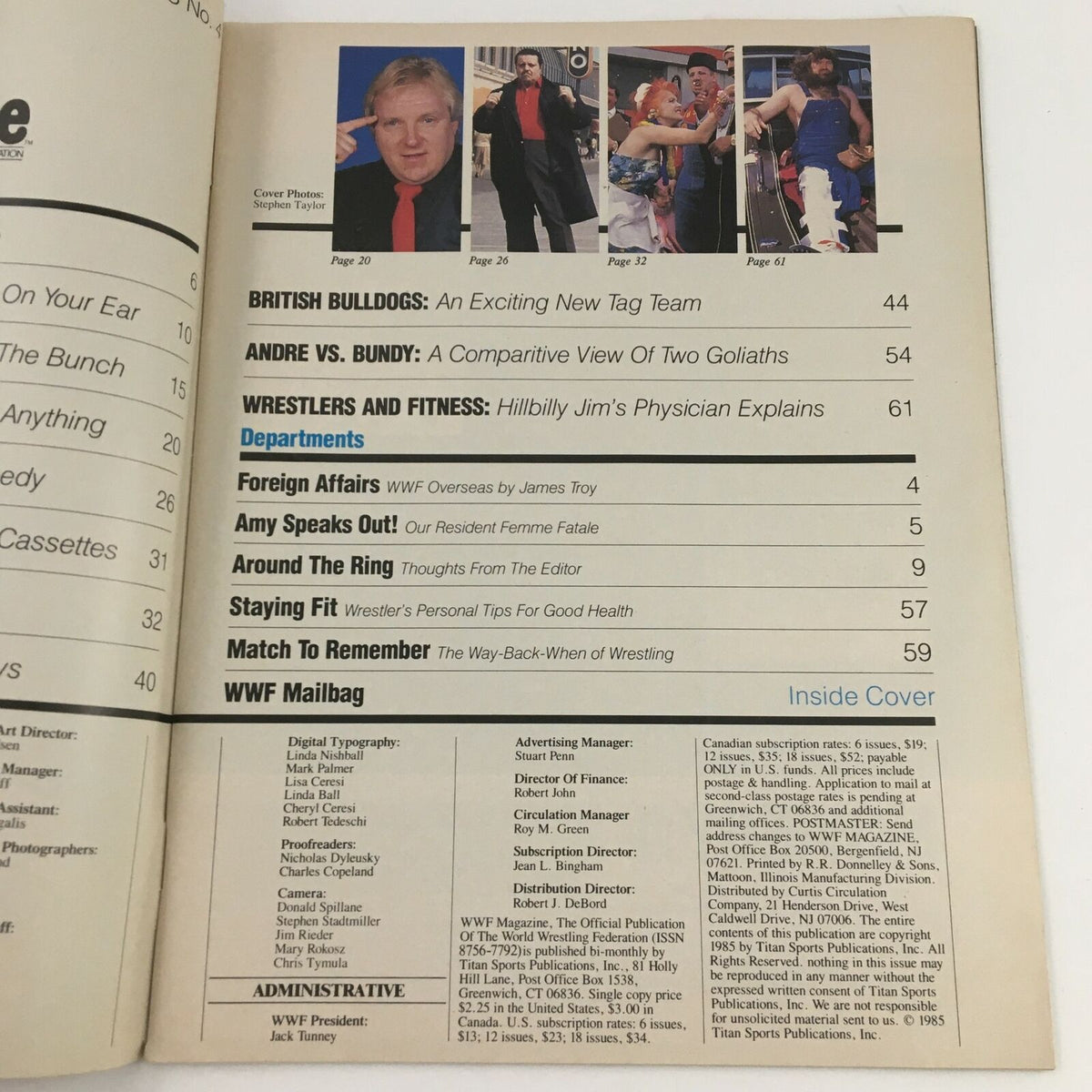 WWF Magazine August 1985, inside cover displaying feature pages on British Bulldogs, Andre vs. Bundy, and departmental articles, showcasing wrestling culture and notable personalities of the mid-1980s.