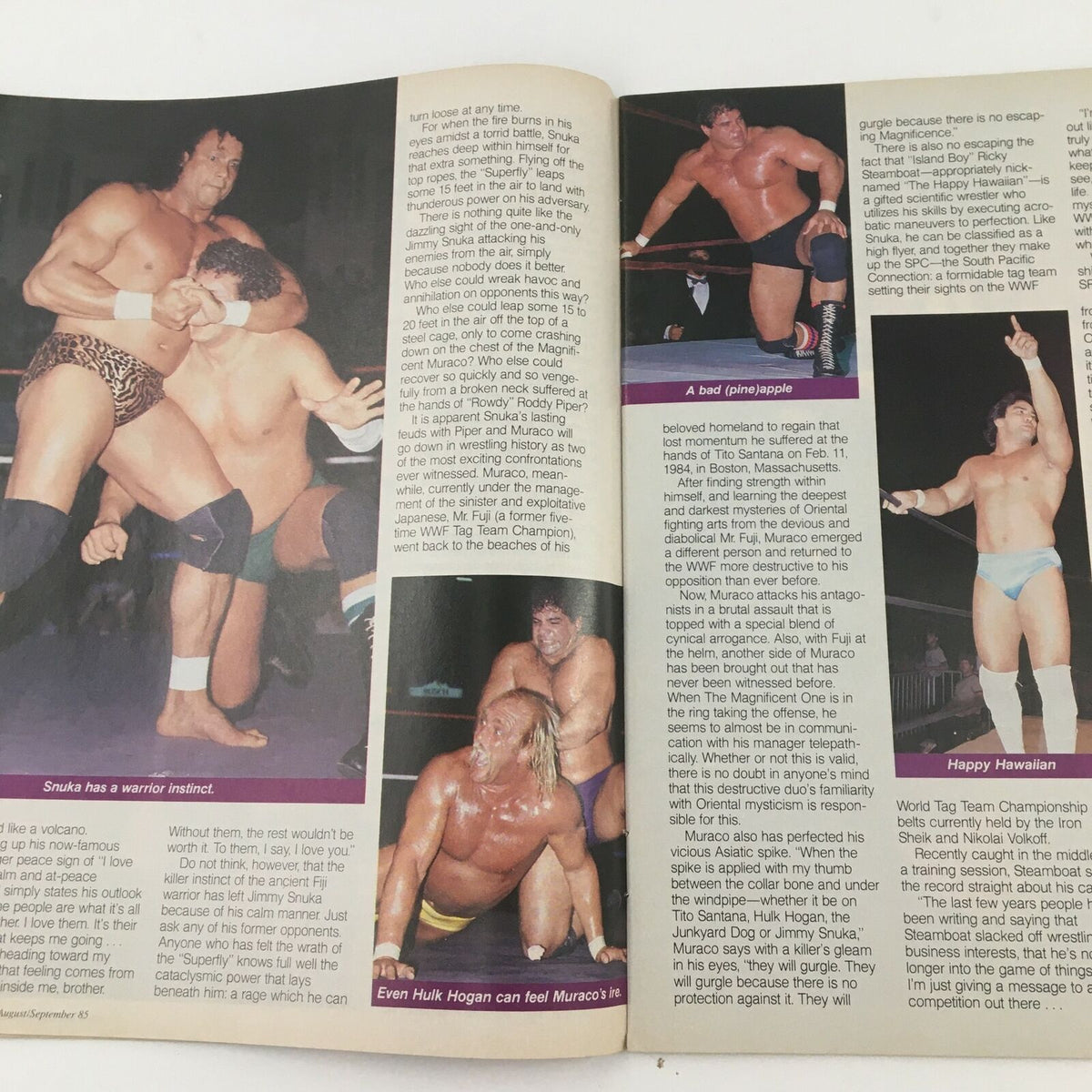 WWF Magazine August 1985 featuring Jimmy Snuka wrestling, showcasing the athletic prowess and iconic moves of professional wrestlers.