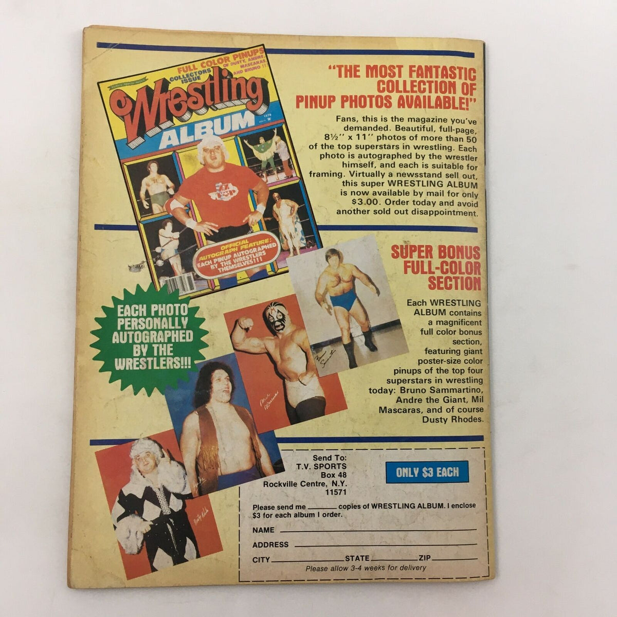 Back cover of Inside Wrestling Magazine, June 1980 promoting the Wrestling Album with a collection of autographed photos of wrestling superstars.