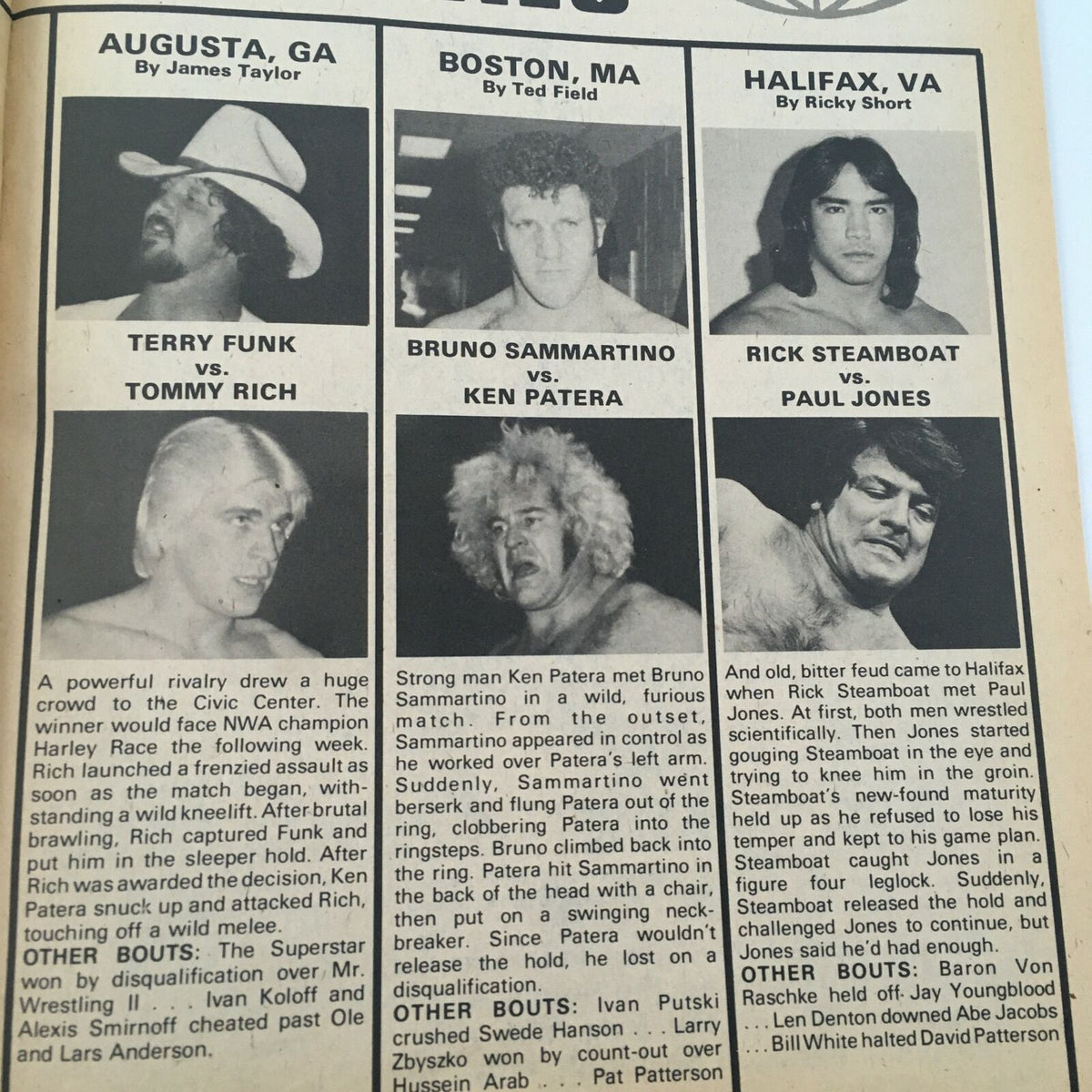 Page from Inside Wrestling Magazine, June 1980, showcasing various wrestling match results including Terry Funk vs Tommy Rich and Bruno Sammartino vs Ken Patera.