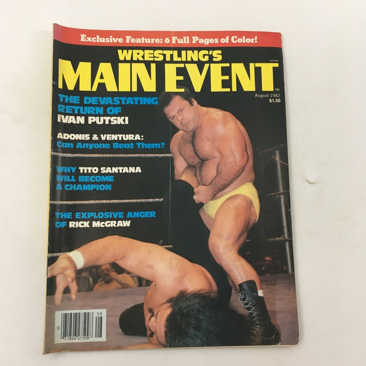 Cover of Wrestling's Main Event Magazine August 1982 featuring Ivan Putski's return, alongside articles on Adonis and Ventura, showcasing a wrestling match scene with dramatic colors and engaging headlines.