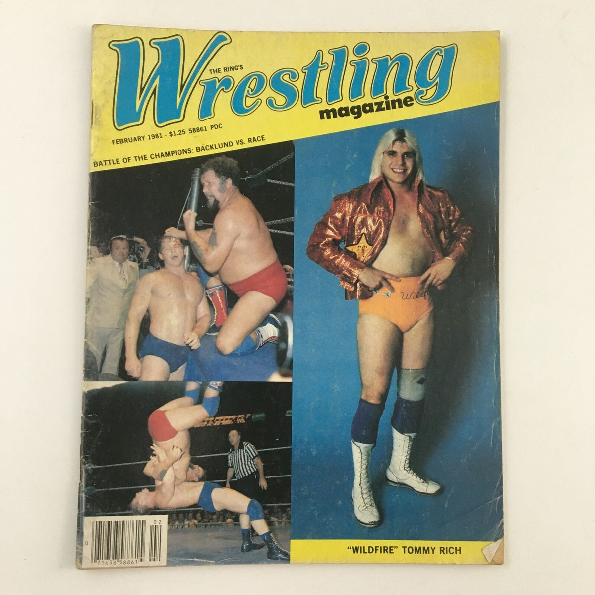 Cover of The Ring's Wrestling Magazine February 1981 featuring Bob Backlund vs Harley Race, showcasing lively wrestling action with a vibrant design.