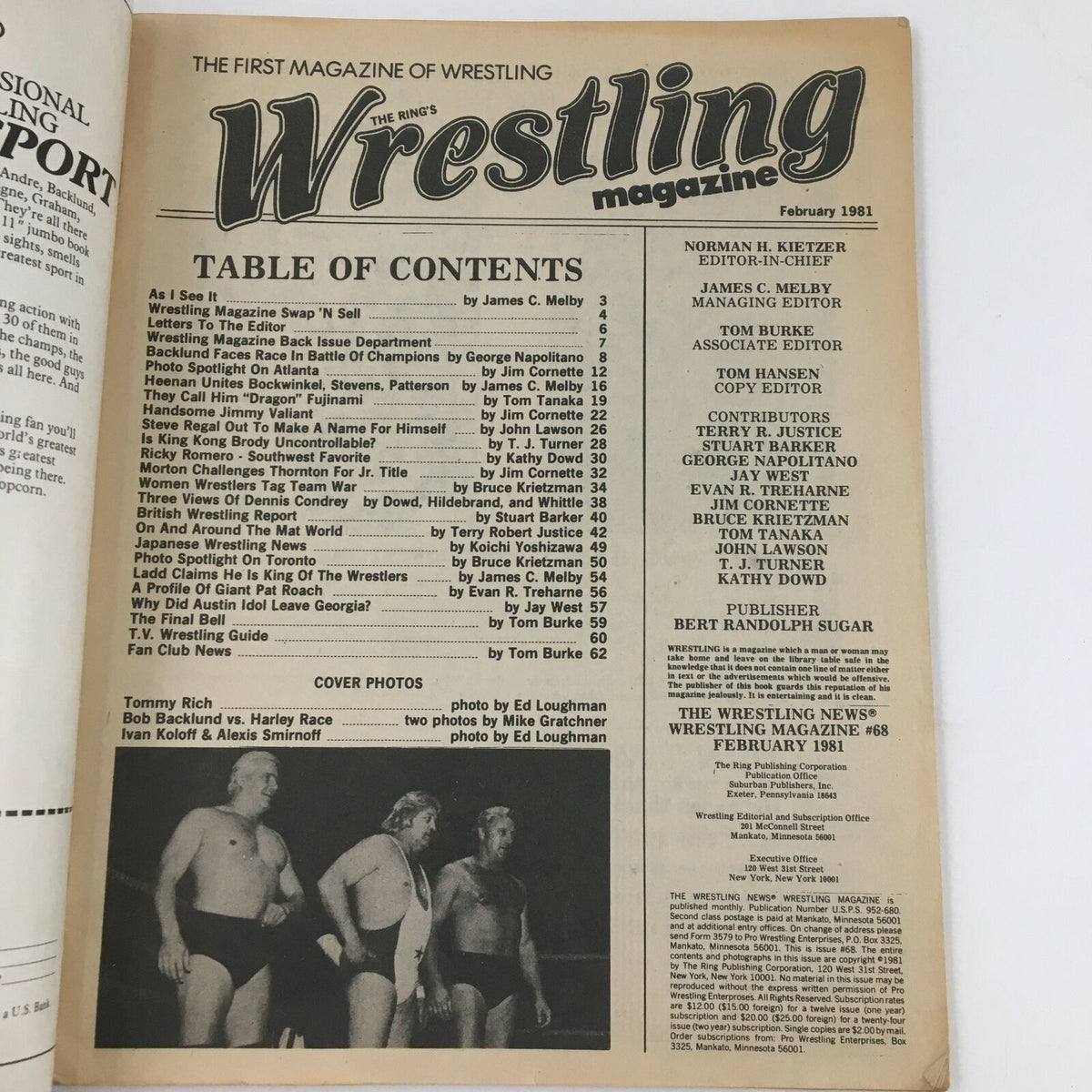 The Ring's Wrestling Magazine February 1981 Table of Contents featuring articles and photo highlights of legendary wrestlers.