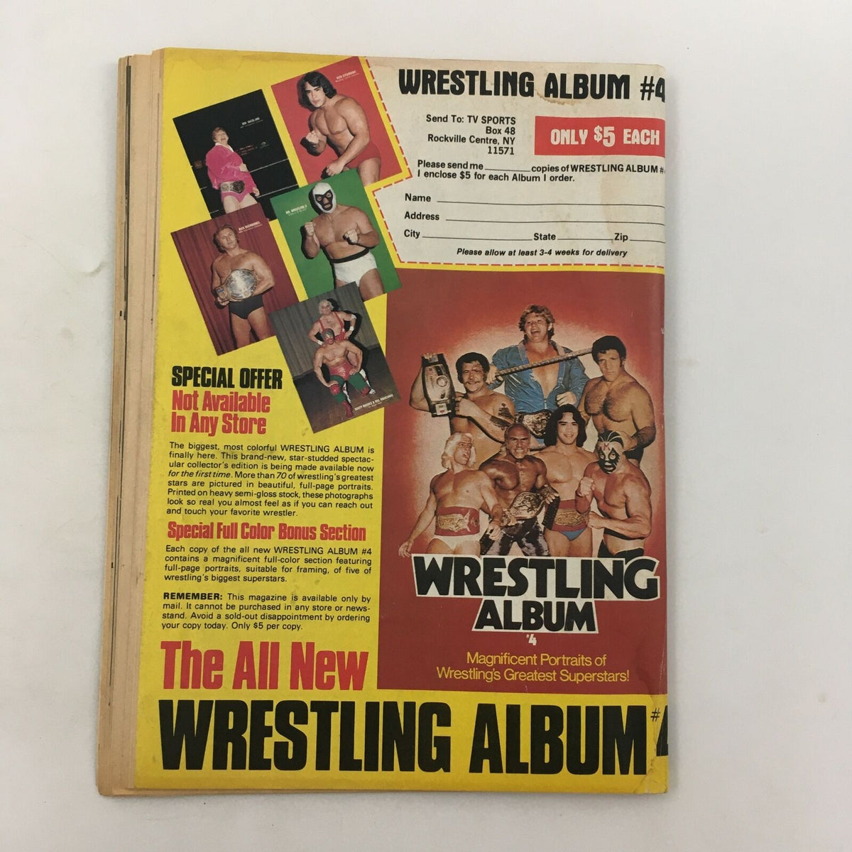 Back cover of Sports Review Wrestling Magazine featuring promotional material for Wrestling Album #4 and highlights of wrestling's greatest superstars.