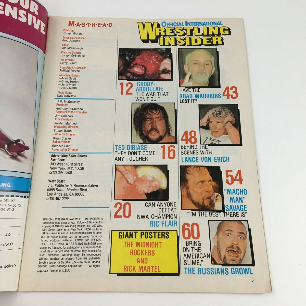 Inside page of Wrestling Insider Magazine March 1987 with information and highlights on wrestlers including Ted DiBiase and Ric Flair.