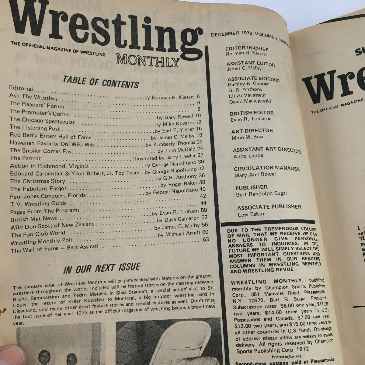 Table of contents page from Wrestling Monthly Magazine December 1972, detailing articles and features, reflecting the magazine's role in documenting wrestling history.