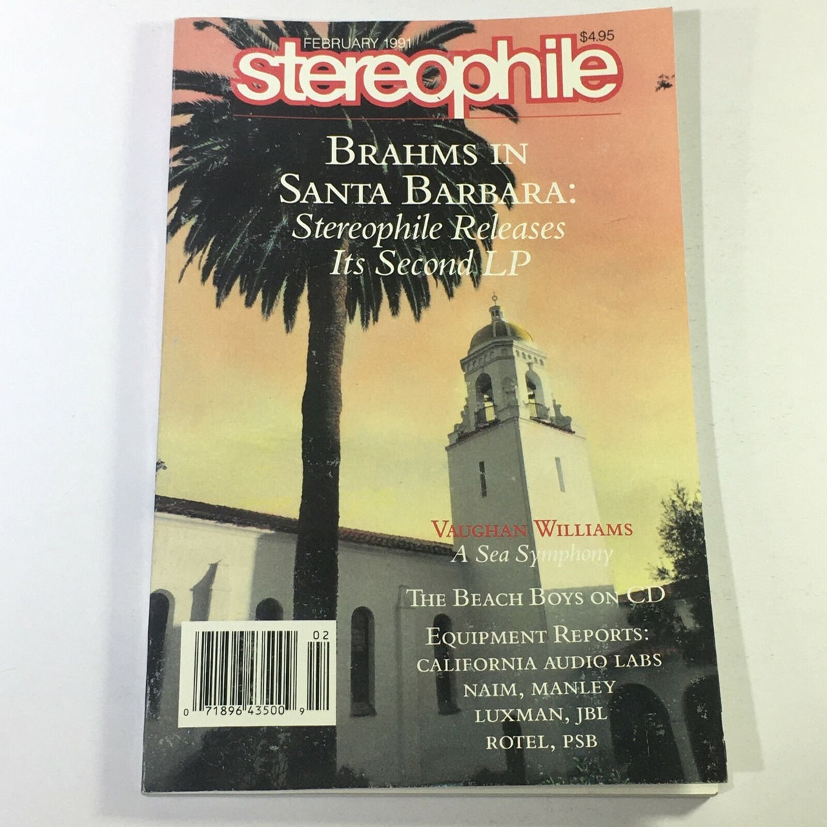 Cover of Stereophile Magazine from February 1991 featuring 'Brahms in Santa Barbara' and 'Vaughan Williams A Sea Symphony', showcasing a beautiful sunset with palm trees and a church.