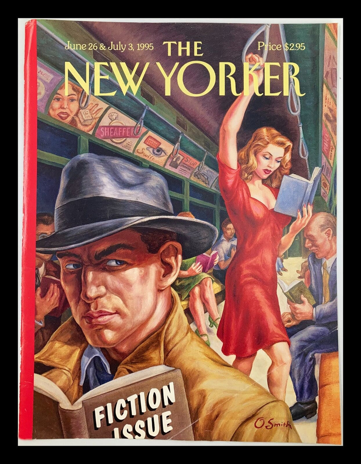 Cover of The New Yorker from June 26, 1995, titled 'Lady in Red' by Owen Smith, featuring a striking illustration of a woman in a red dress and a man reading a book.
