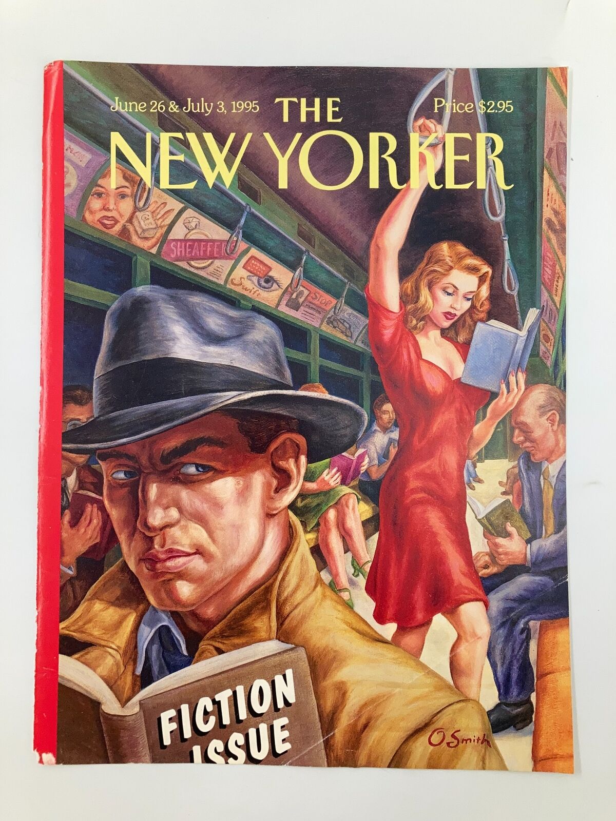 The New Yorker cover June 26, 1995, 'Lady in Red' by Owen Smith, displaying a dramatic scene with a man in a fedora and a woman in red reading a book.