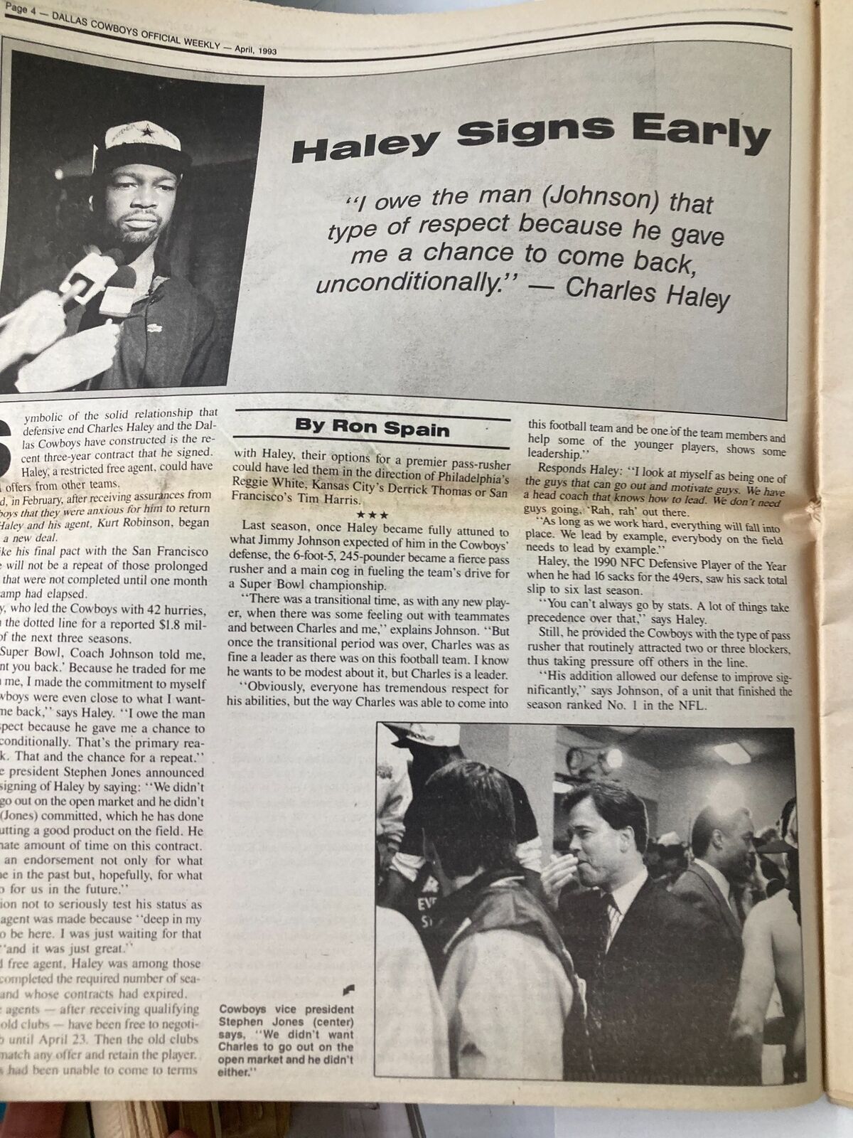 Page featuring Charles Haley in the Dallas Cowboys Weekly Newspaper, April 1993, Vol 19 #3, discussing his early signing and commitment to the team.