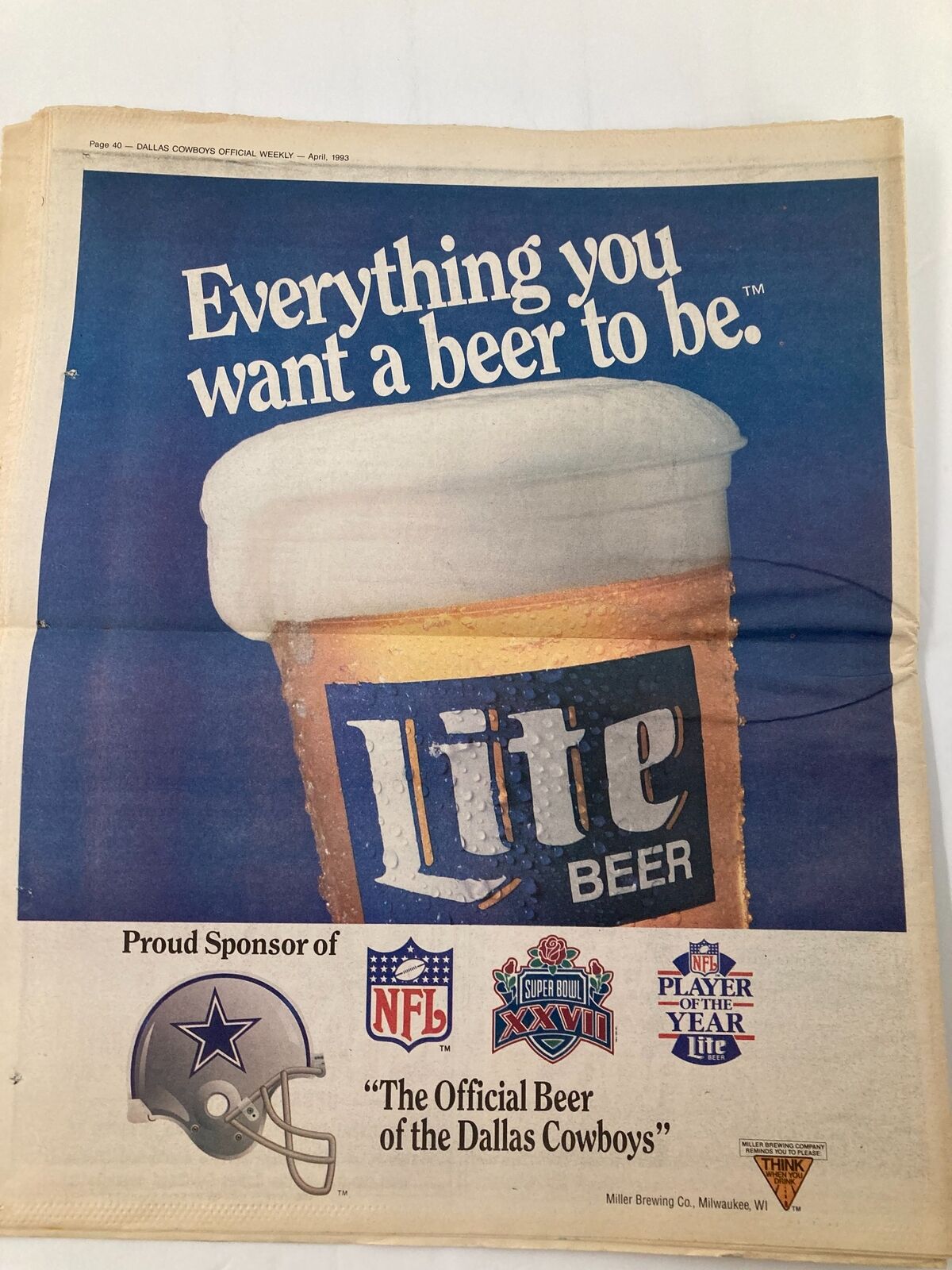 Advertisement page from the Dallas Cowboys Weekly Newspaper, April 1993, Vol 19 #3, promoting Lite Beer as the official beer of the Dallas Cowboys.