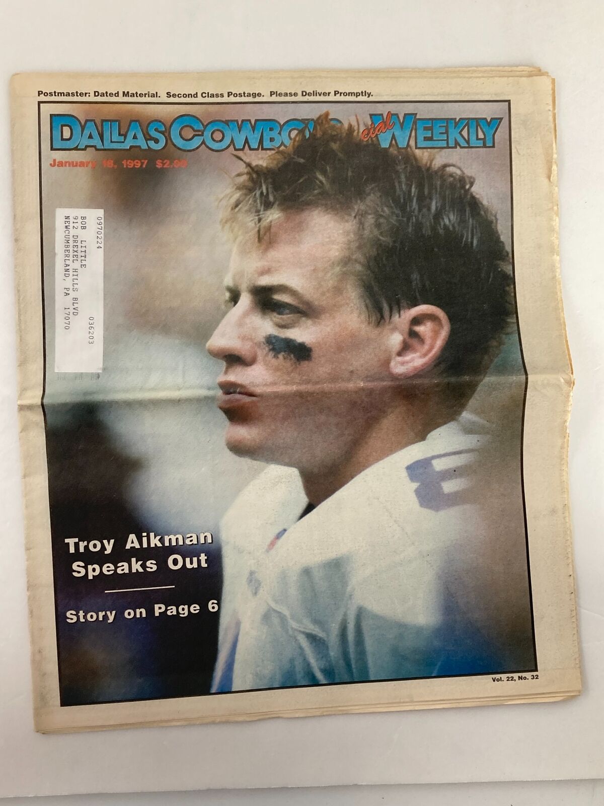 Dallas Cowboys Weekly Newspaper from January 16, 1997, featuring Troy Aikman on the cover. The newspaper highlights Aikman's insights and includes a story on page 6. It is in good condition but shows some wear, comes folded, and is protected by plastic.