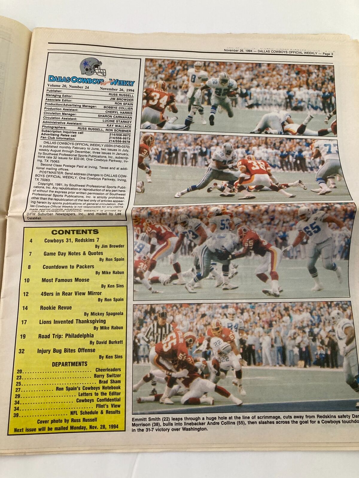 Inside page of Dallas Cowboys Weekly Newspaper from November 26, 1994, showcasing game content and highlights, including a summary of the Cowboys vs. Redskins game.