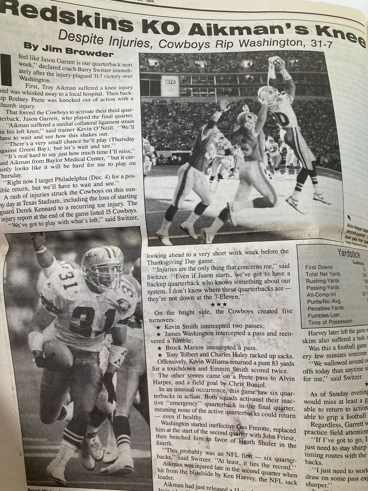 Another inside page of the Dallas Cowboys Weekly Newspaper from November 26, 1994, highlighting player injuries and game stats from the Cowboys vs. Redskins matchup.