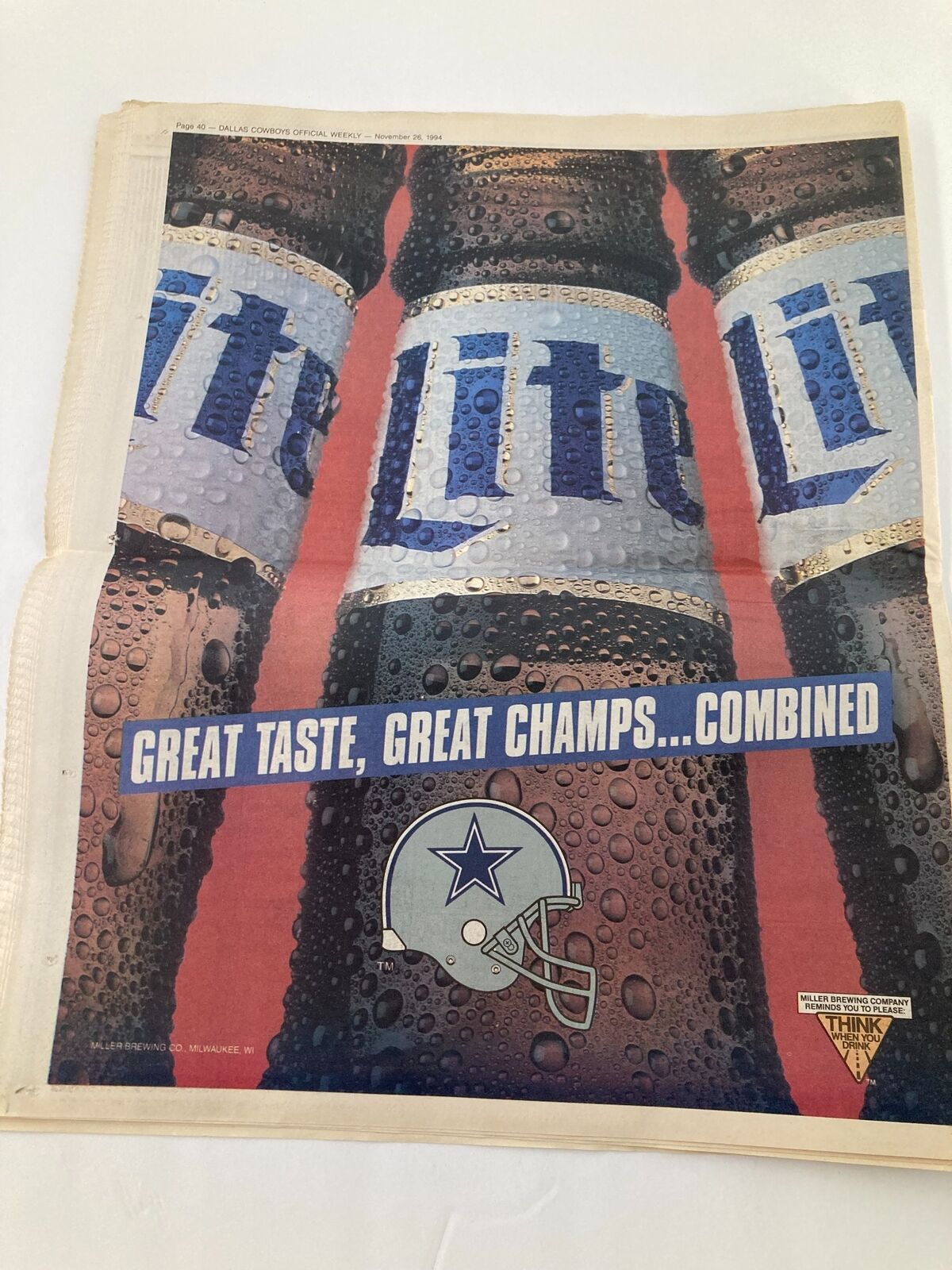 Advertisement page in the Dallas Cowboys Weekly Newspaper, November 26, 1994, featuring Miller Lite branding with a Dallas Cowboys logo.