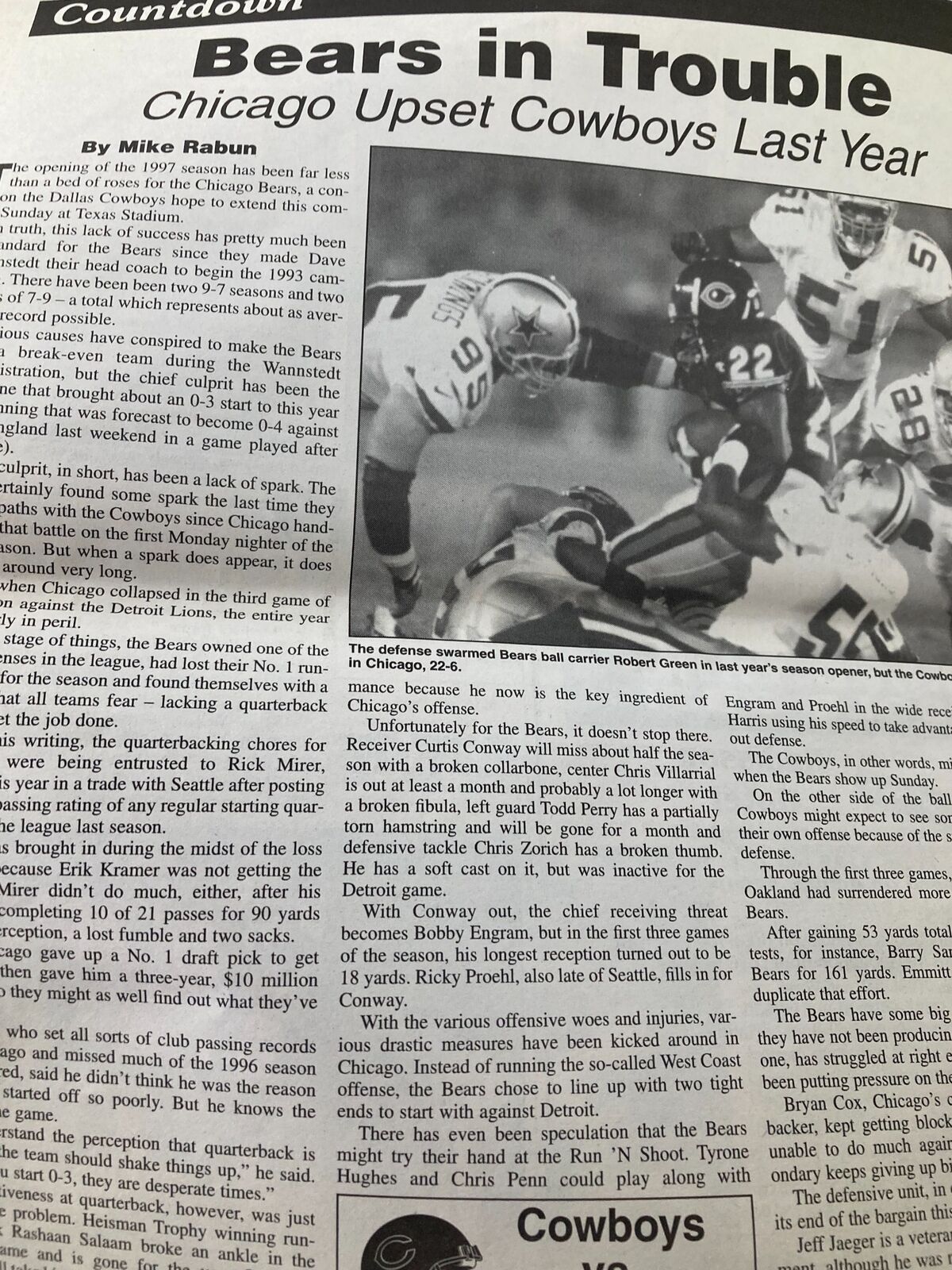 Inside page of Dallas Cowboys Weekly Newspaper discussing the Chicago Bears upsetting the Cowboys last season, dated September 27, 1997.